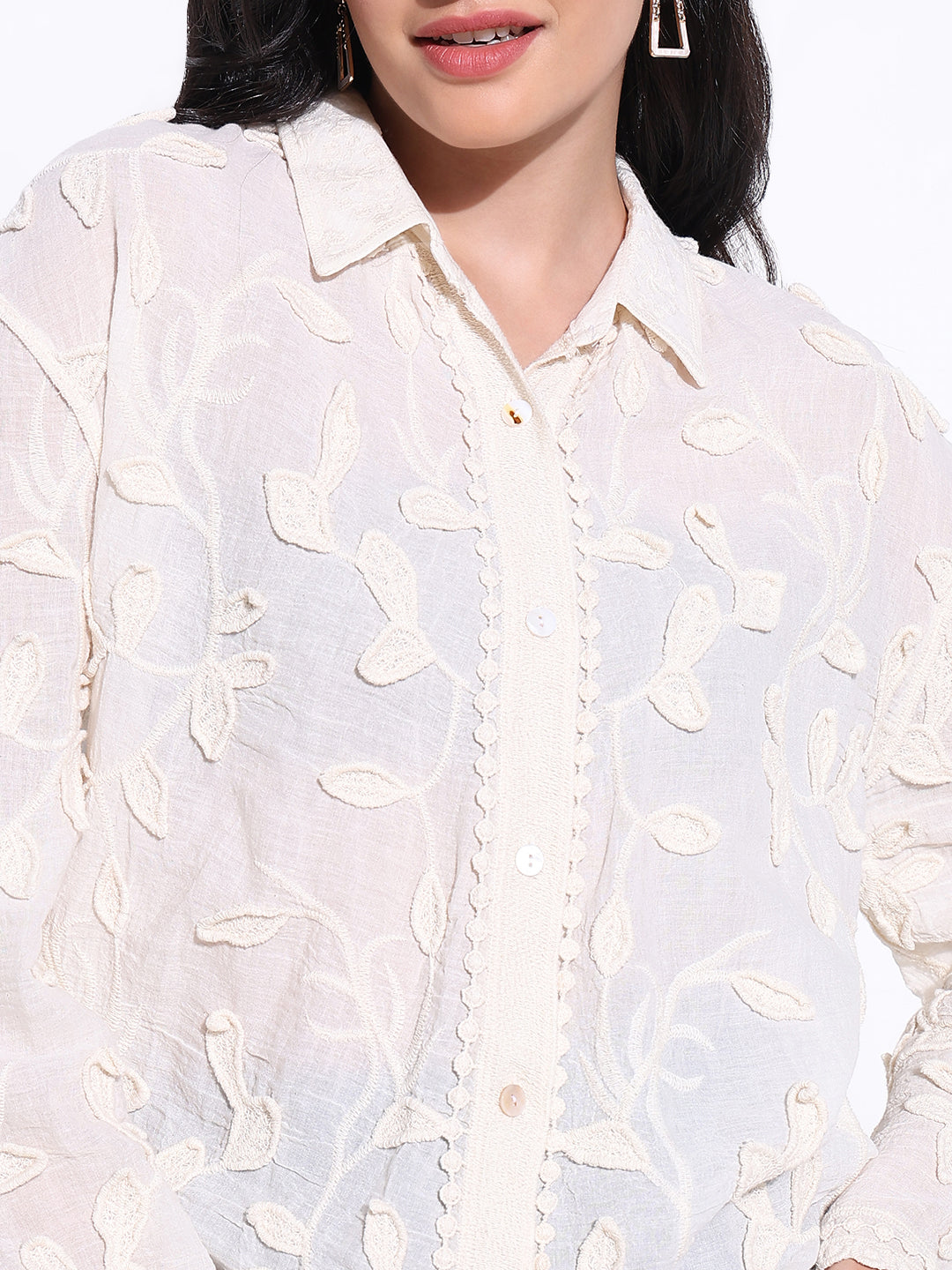 Women Solid Cream Oversized Shirt