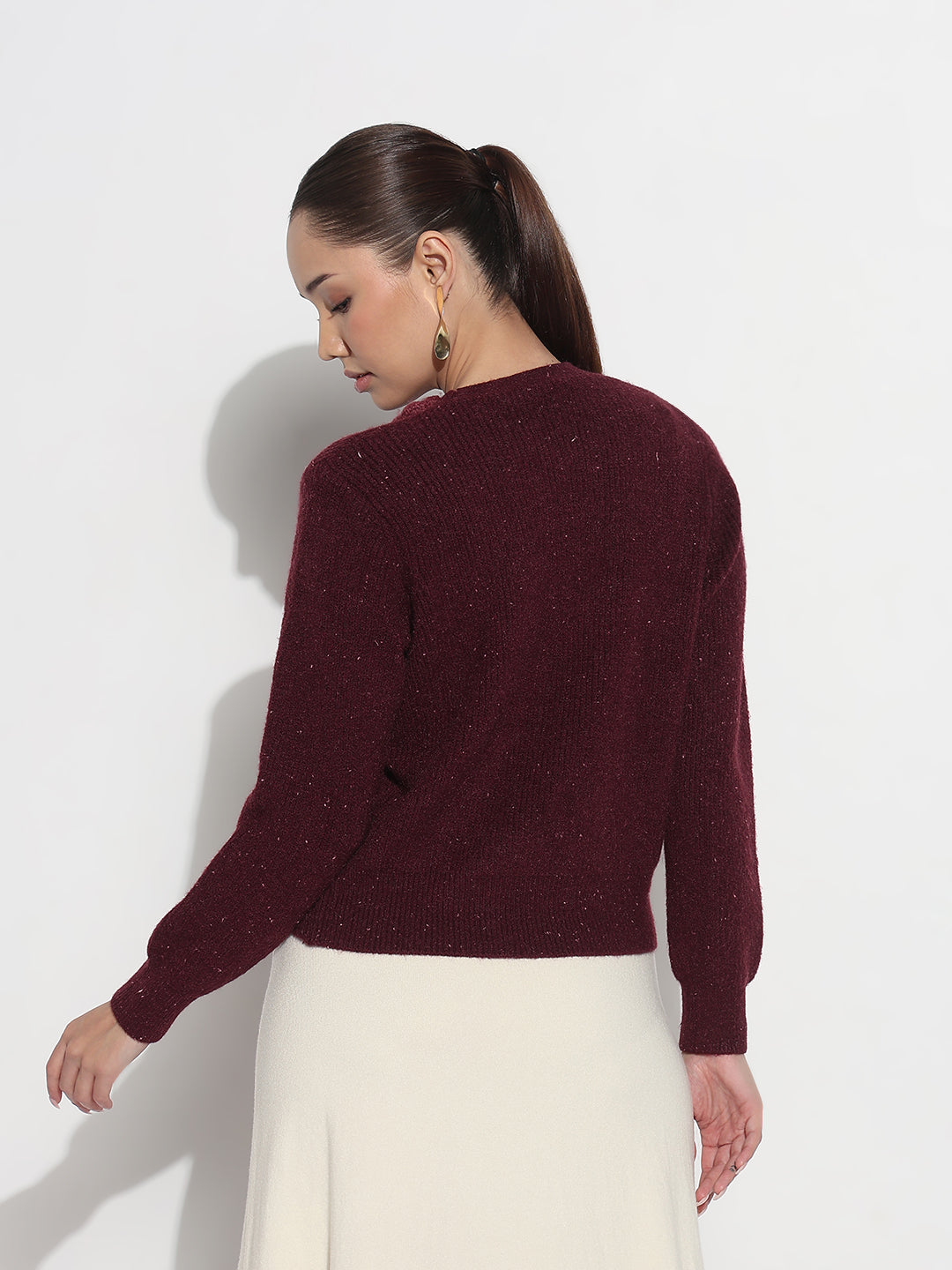 Women's Ribbed Burgundy V-Neck Embellished Knitted Top with Applique Neck Detail