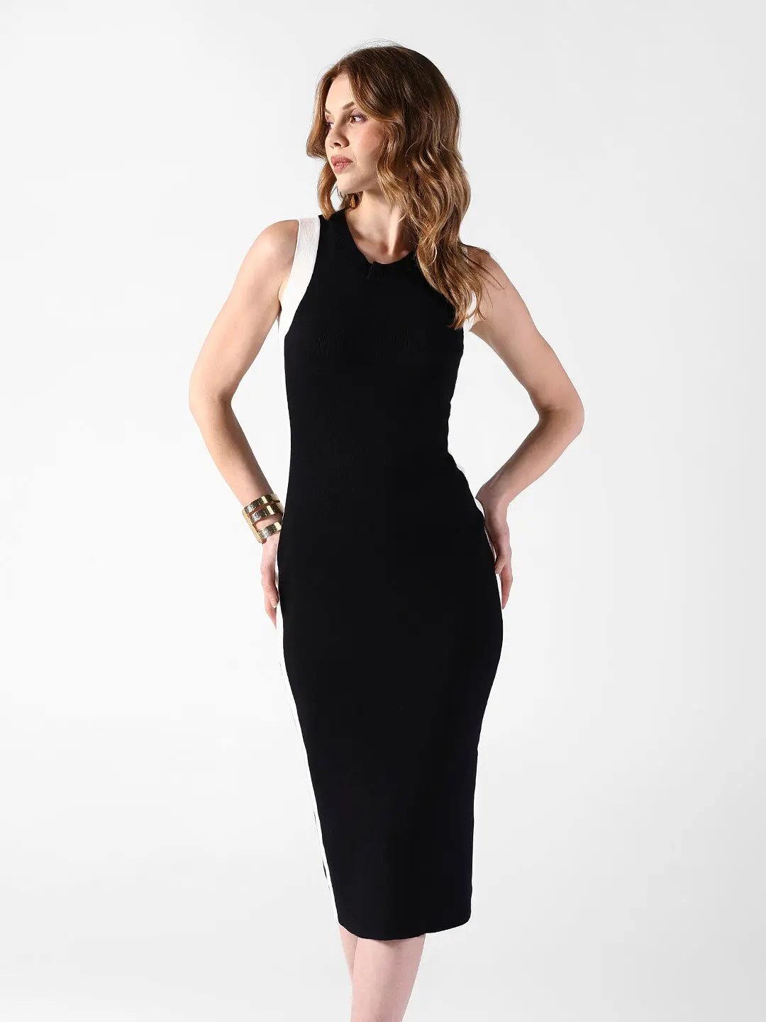 Shop Women's Black Bodycon Dress with Contrast Side Panels| Showoffff Shop Women's Black Bodycon Dress with Contrast Side Panels| Showoffff
