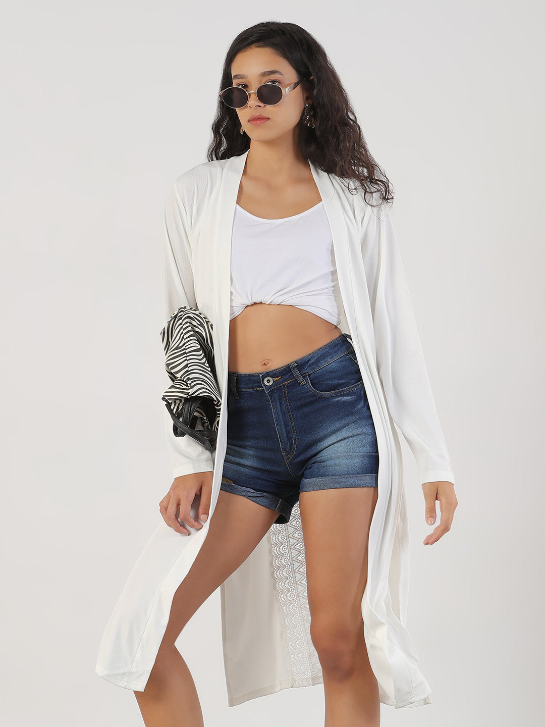 Women White Solid Longline Shrug