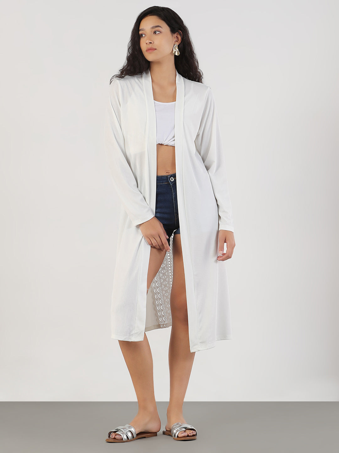 Women White Solid Longline Shrug