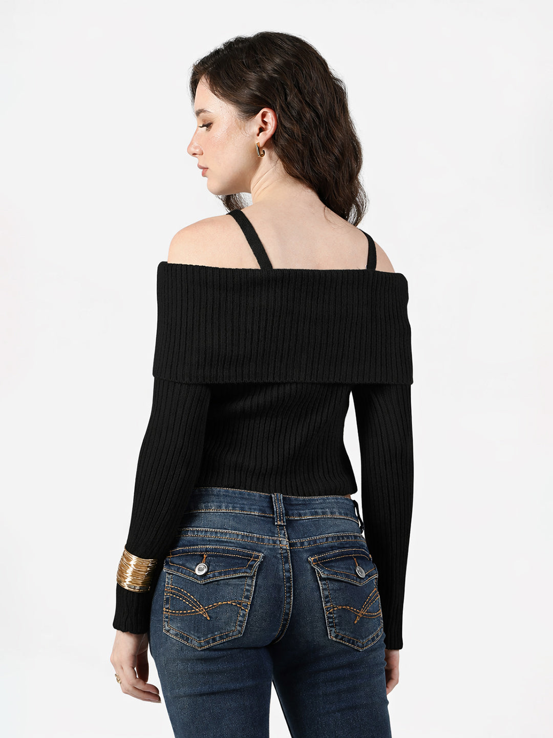 Women's Ribbed Black Button Front Off Shoulder Top