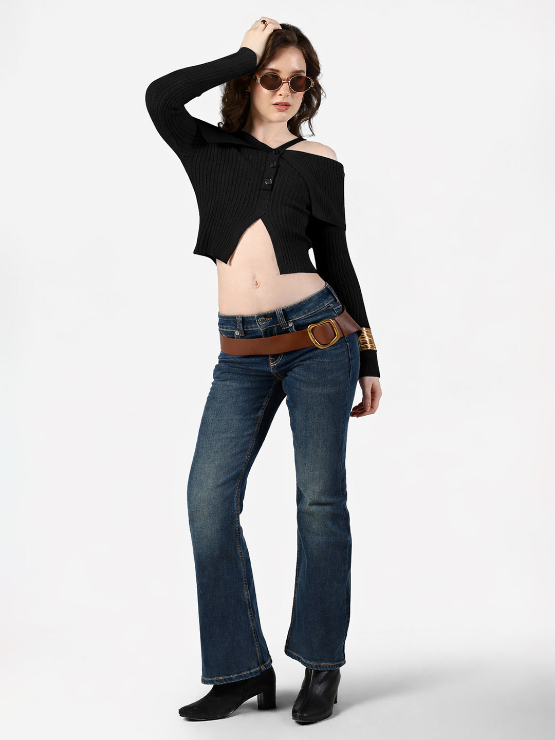 Women's Ribbed Black Button Front Off Shoulder Top