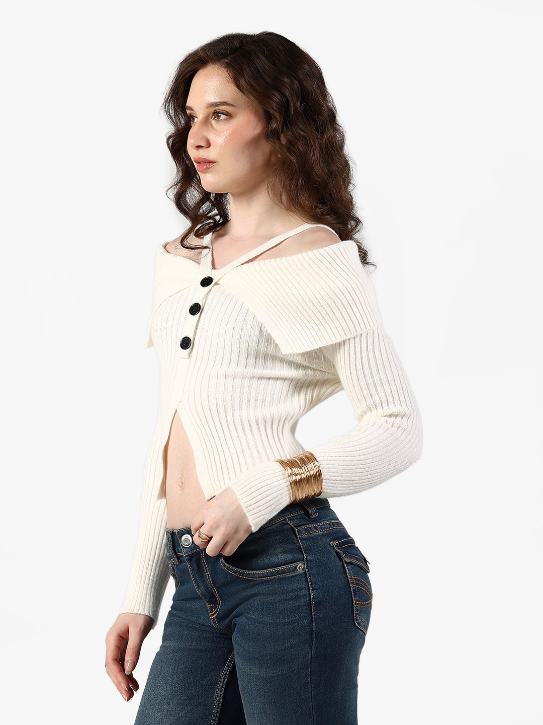 Women's Ribbed Cream Button Front Off Shoulder Top