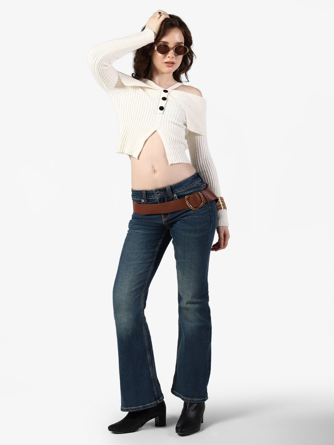 Women's Ribbed Cream Button Front Off Shoulder Top