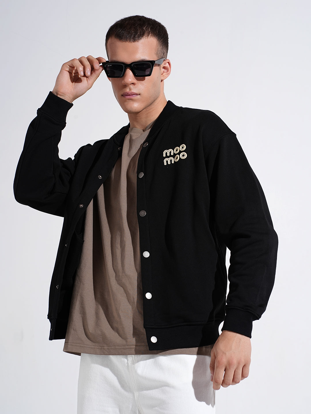 Men's Typography Black Mandarin Collar Button Up Jacket