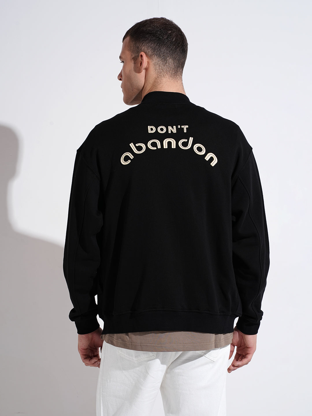 Men's Typography Black Mandarin Collar Button Up Jacket