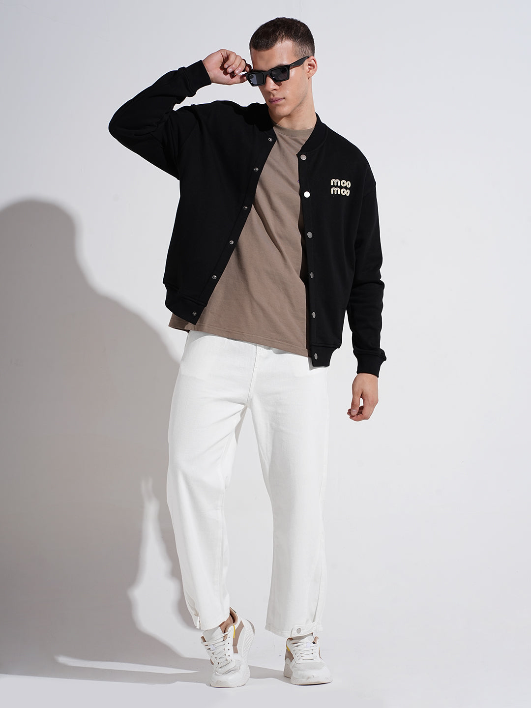 Men's Typography Black Mandarin Collar Button Up Jacket