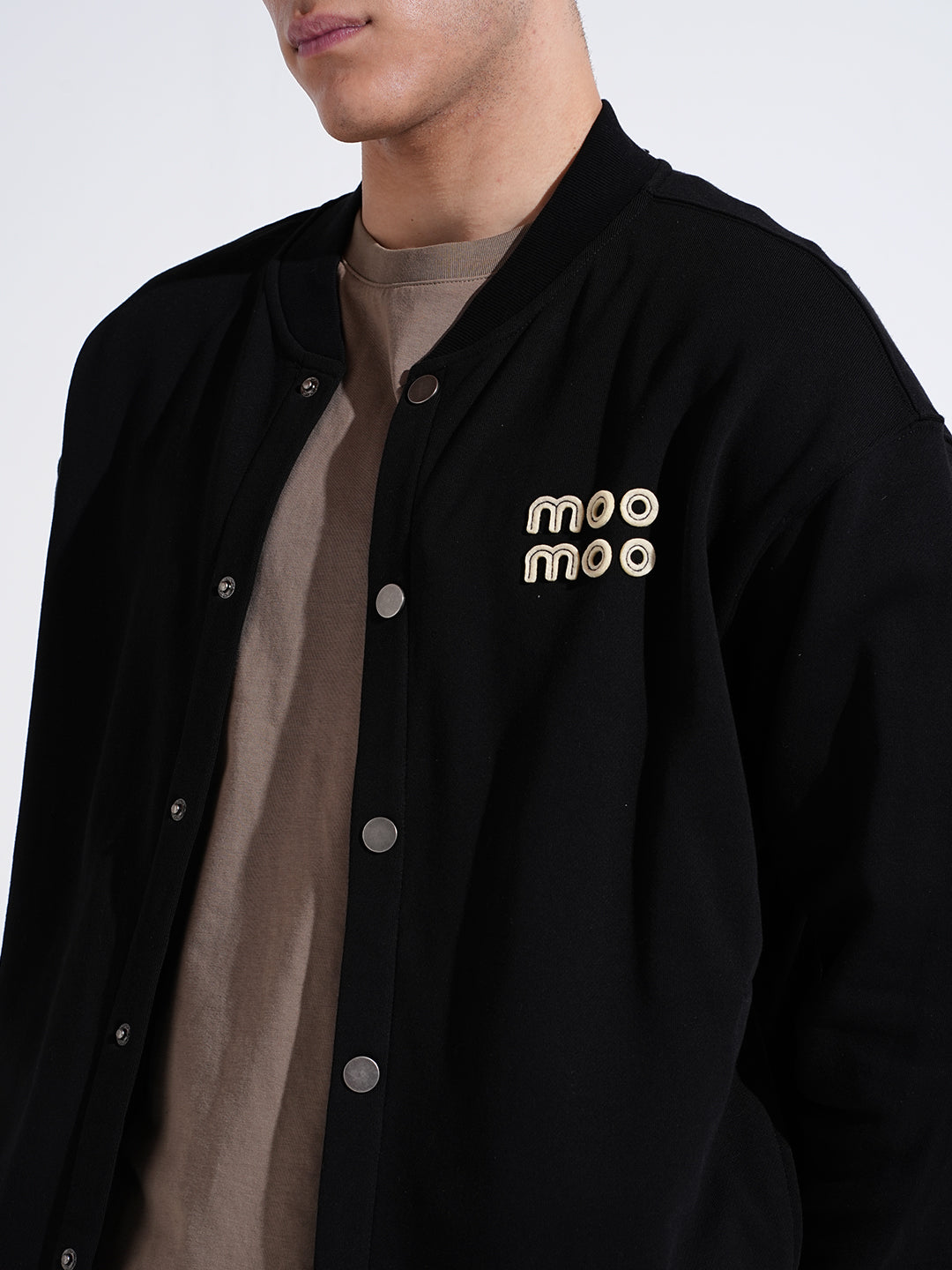 Men's Typography Black Mandarin Collar Button Up Jacket