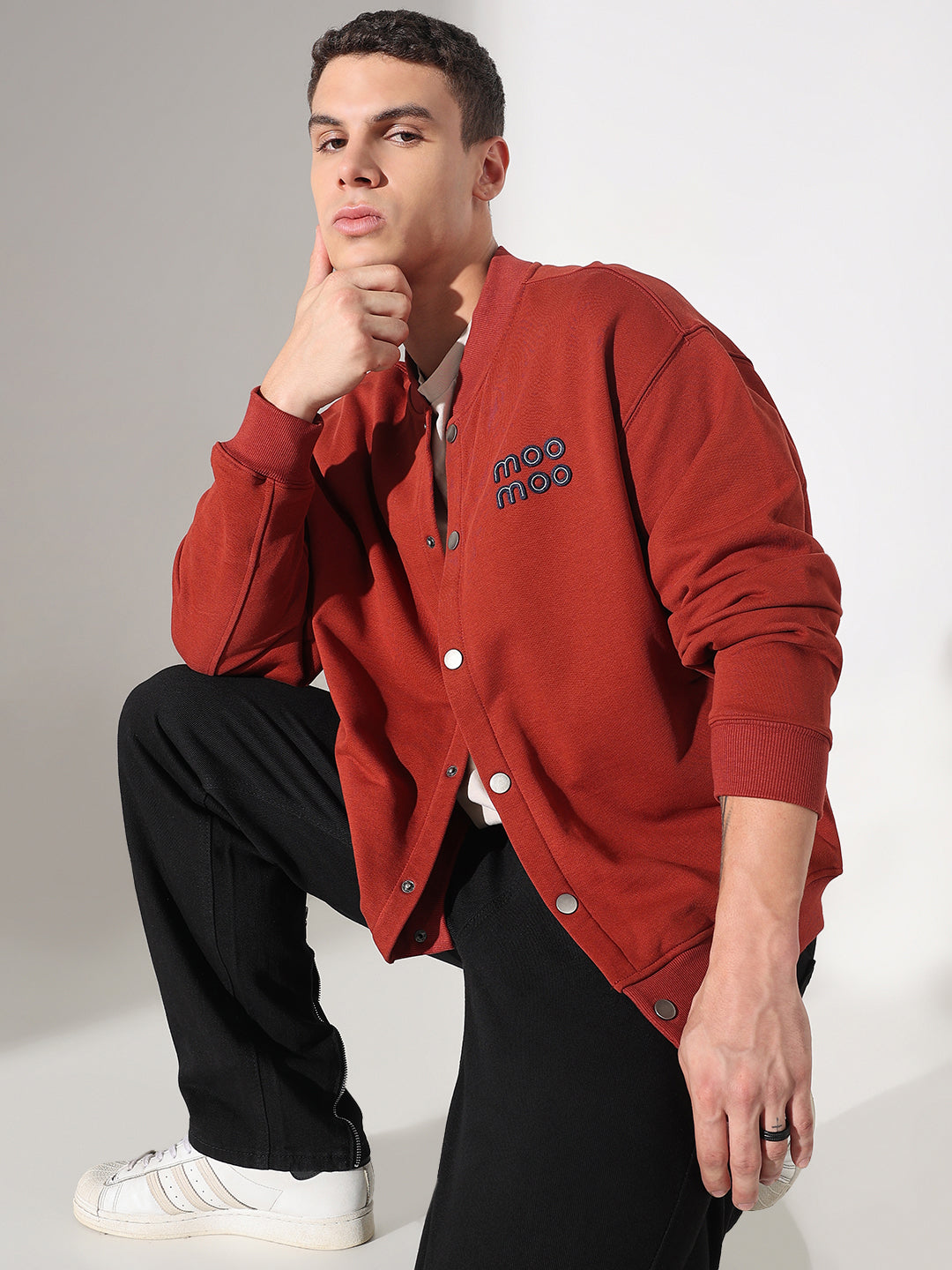 Men's Typography Rust Mandarin Collar Button Up Jacket