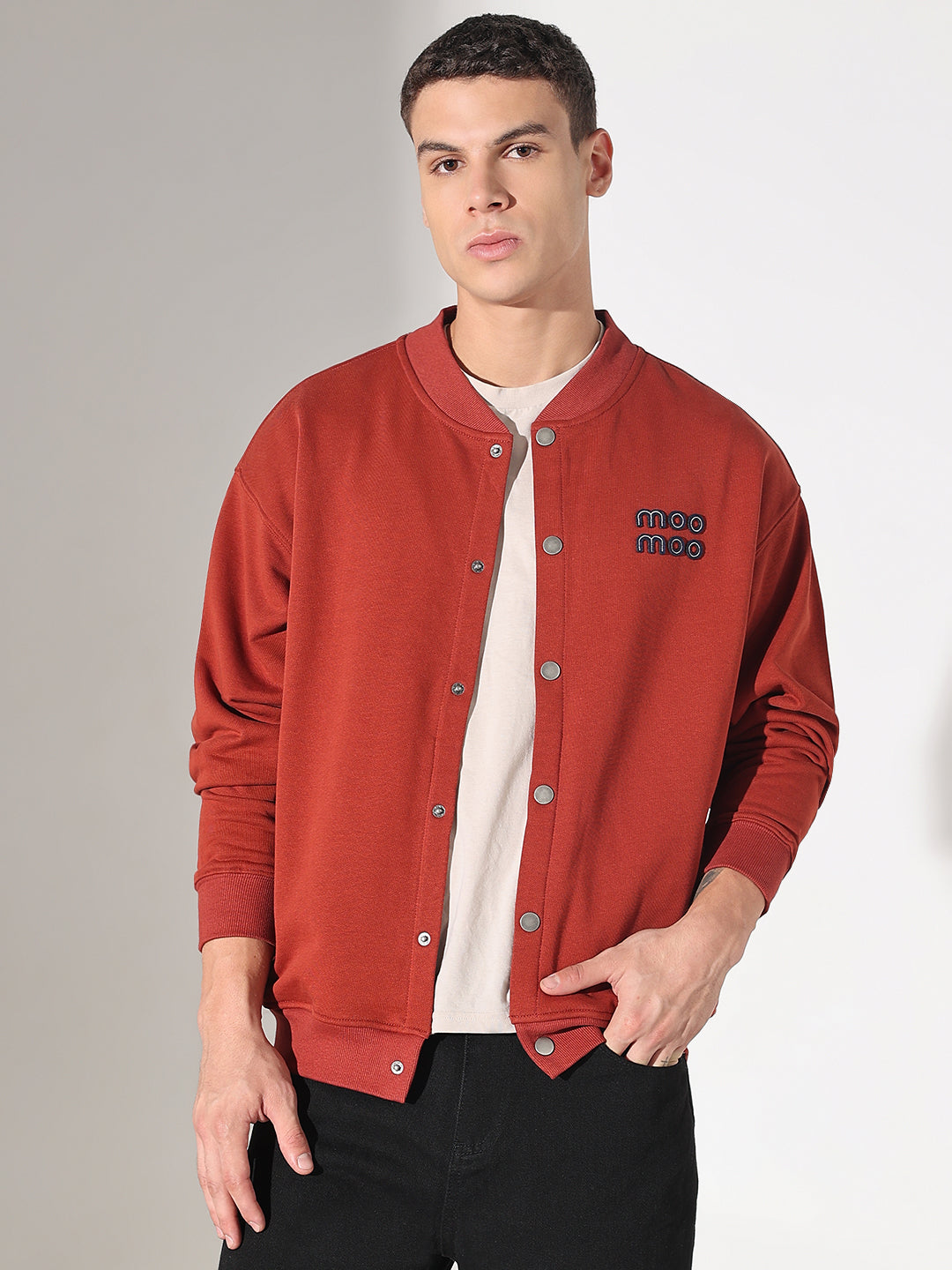 Men's Typography Rust Mandarin Collar Button Up Jacket