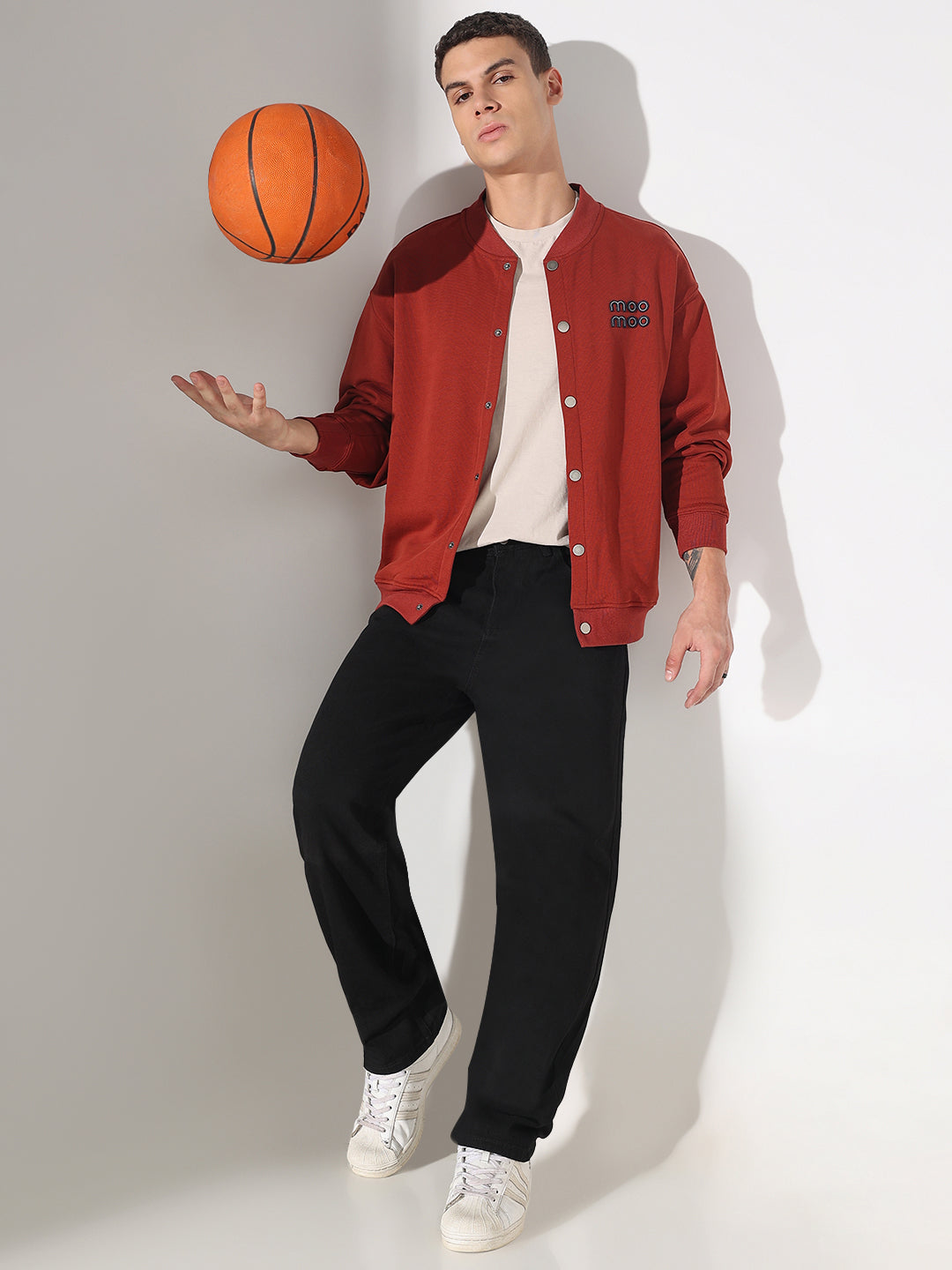 Men's Typography Rust Mandarin Collar Button Up Jacket