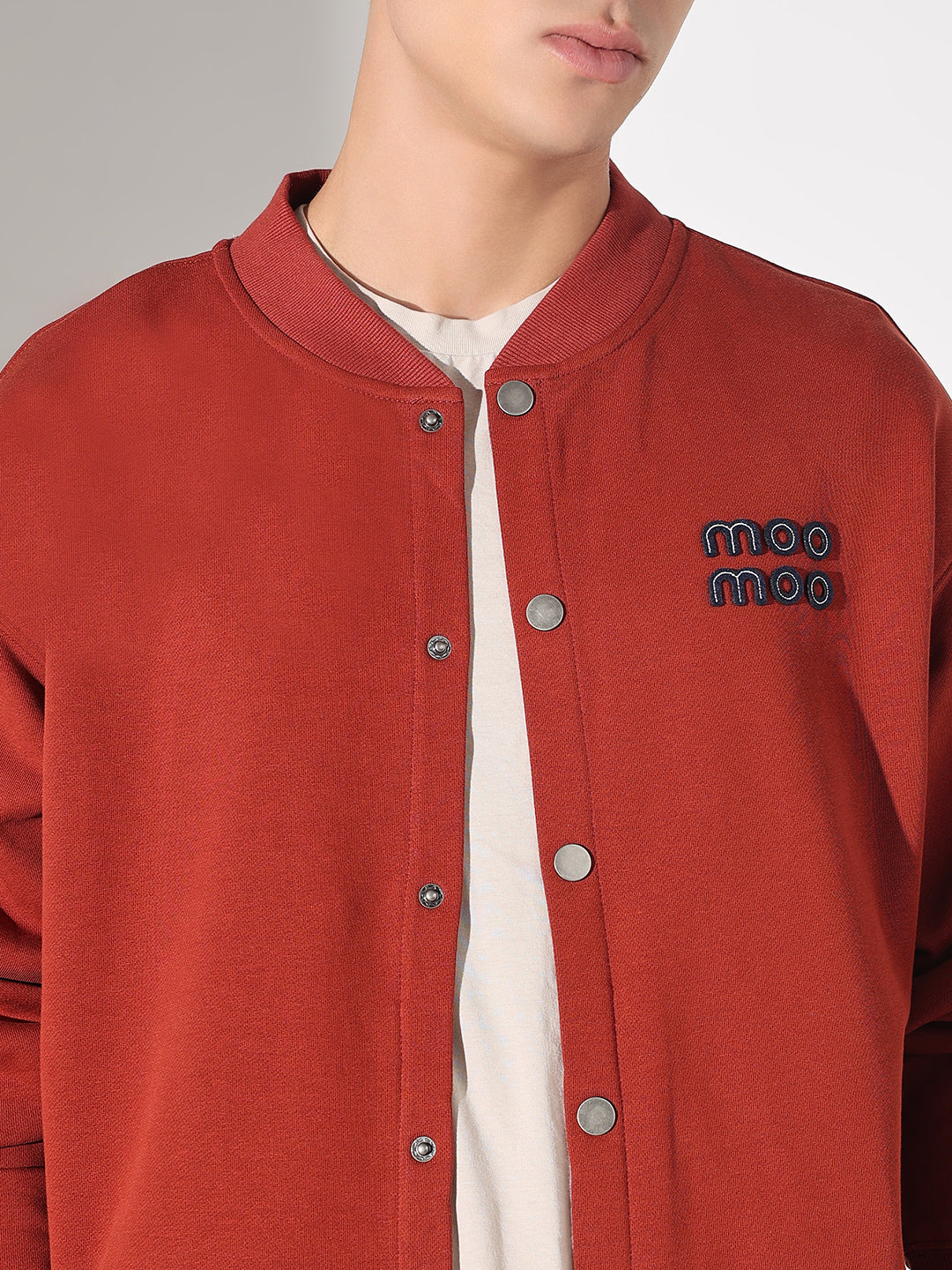 Men's Typography Rust Mandarin Collar Button Up Jacket