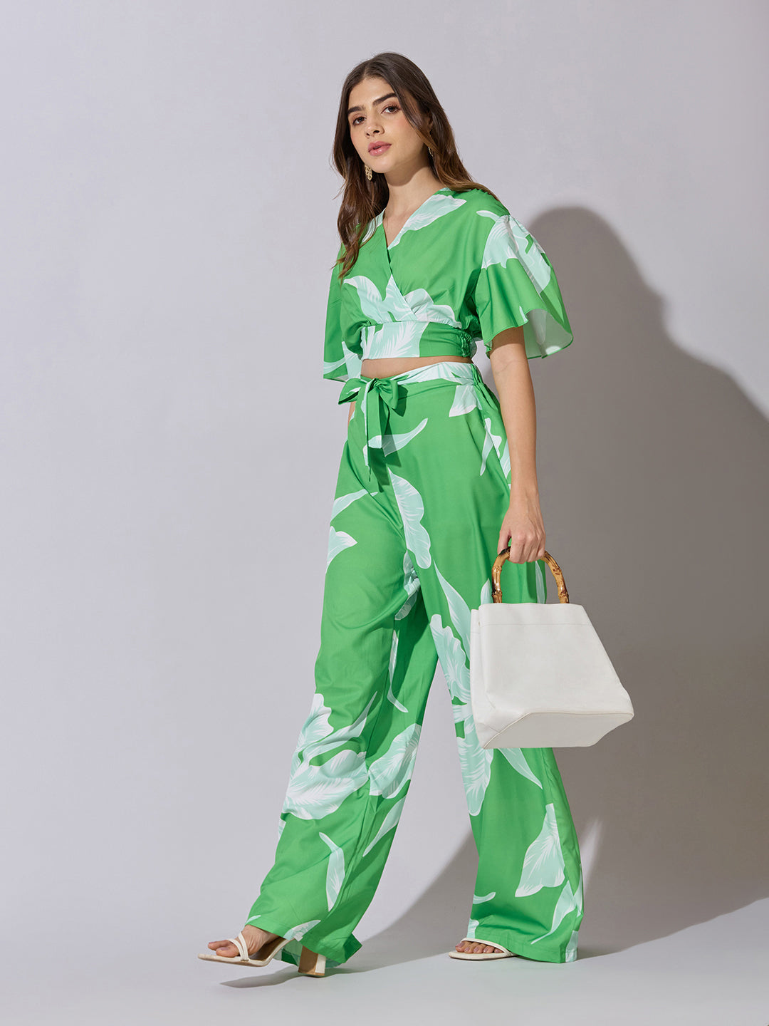 Women's Printed Green Wrap Top with Wide Leg Pants Co-Ord Set