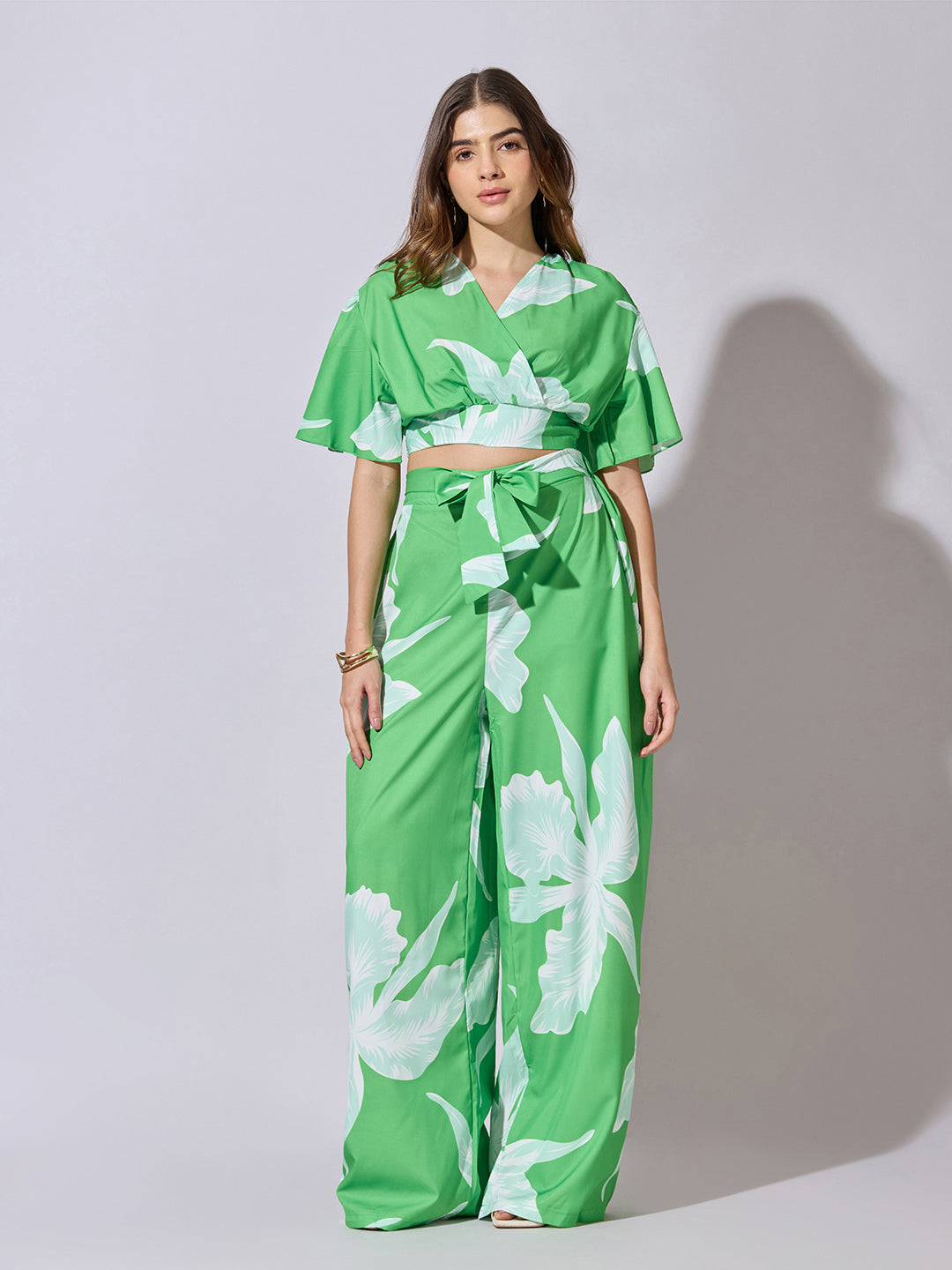 Women's Printed Green Wrap Top with Wide Leg Pants Co-Ord Set