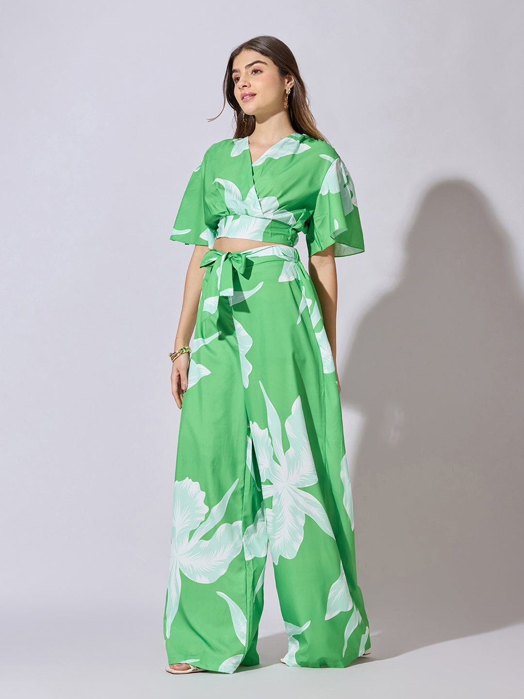 Women's Printed Green Wrap Top with Wide Leg Pants Co-Ord Set