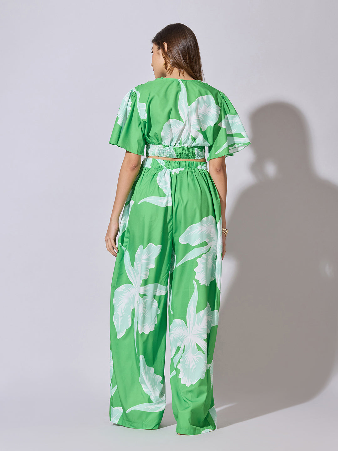 Women's Printed Green Wrap Top with Wide Leg Pants Co-Ord Set