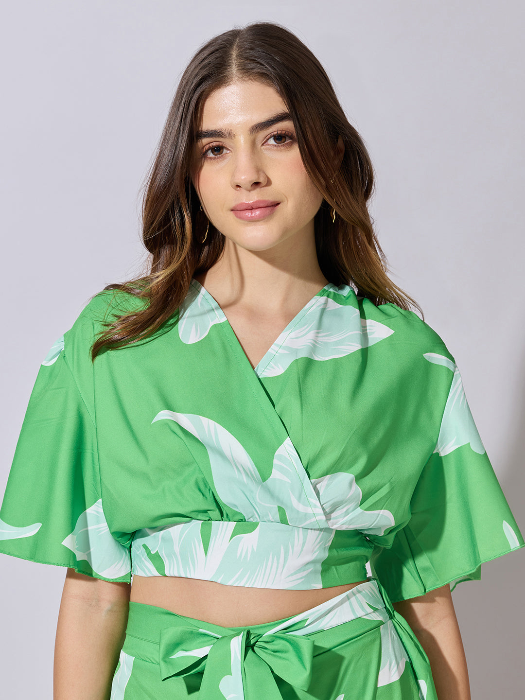 Women's Printed Green Wrap Top with Wide Leg Pants Co-Ord Set