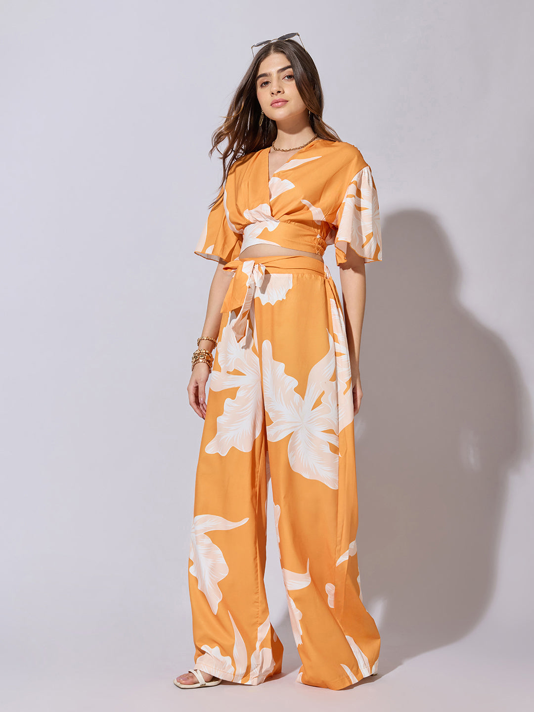 Women's Printed Orange Wrap Top with Wide Leg Pants Co-Ord Set