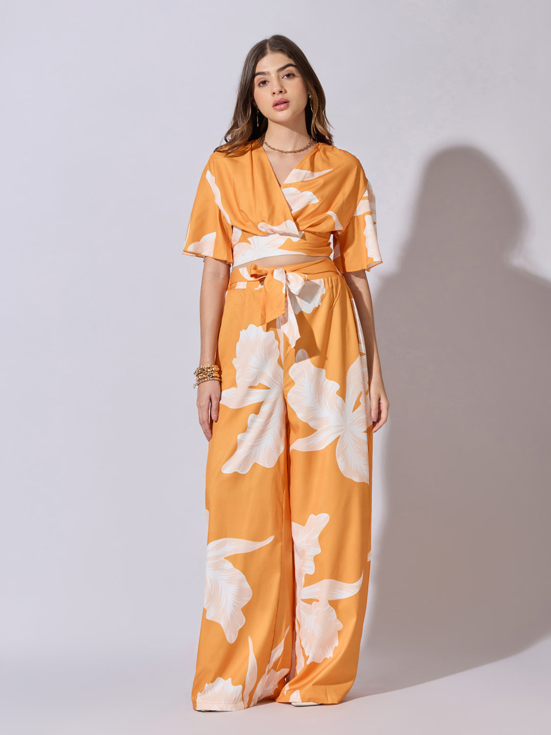 Women's Printed Orange Wrap Top with Wide Leg Pants Co-Ord Set