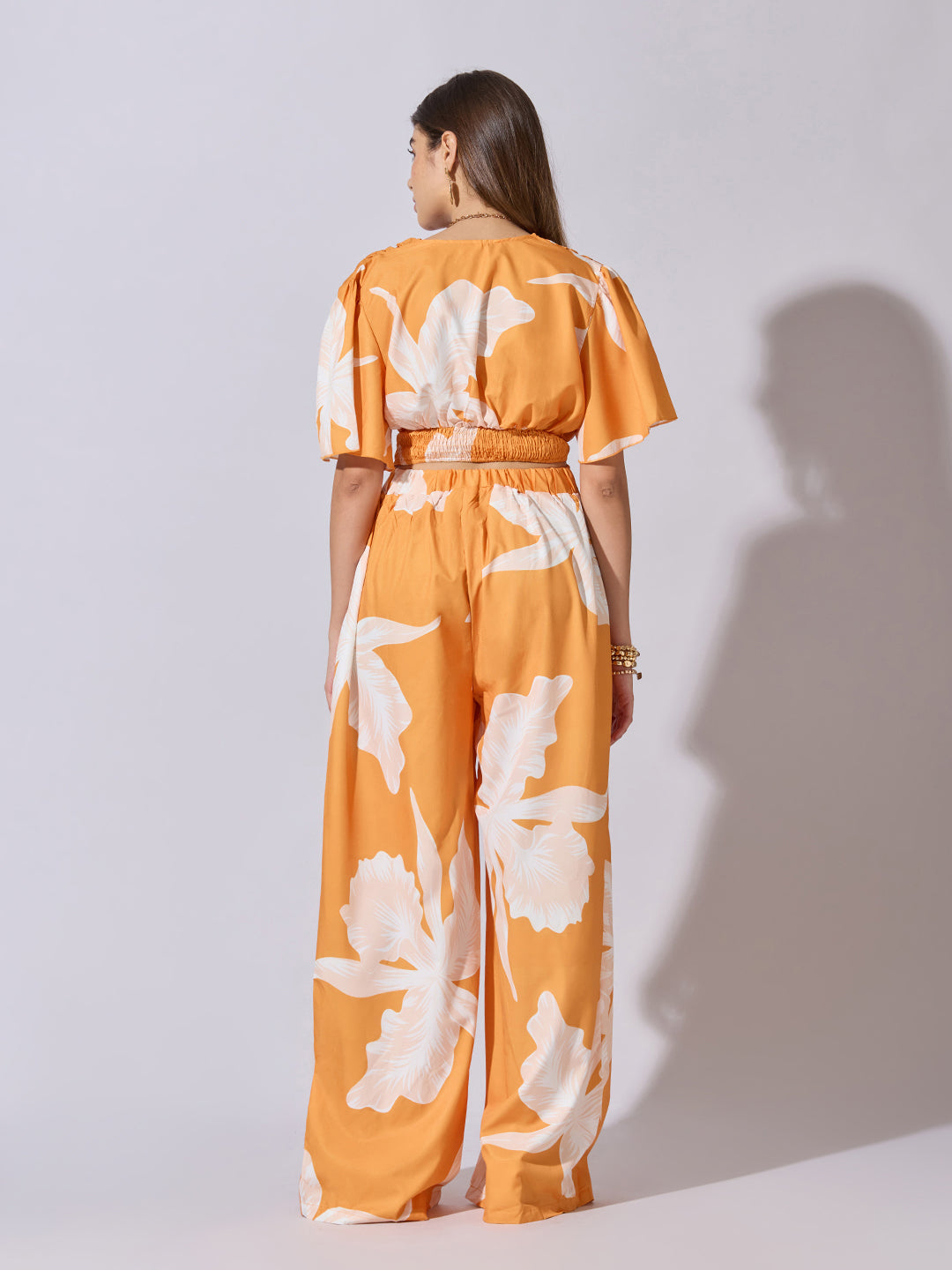 Women's Printed Orange Wrap Top with Wide Leg Pants Co-Ord Set