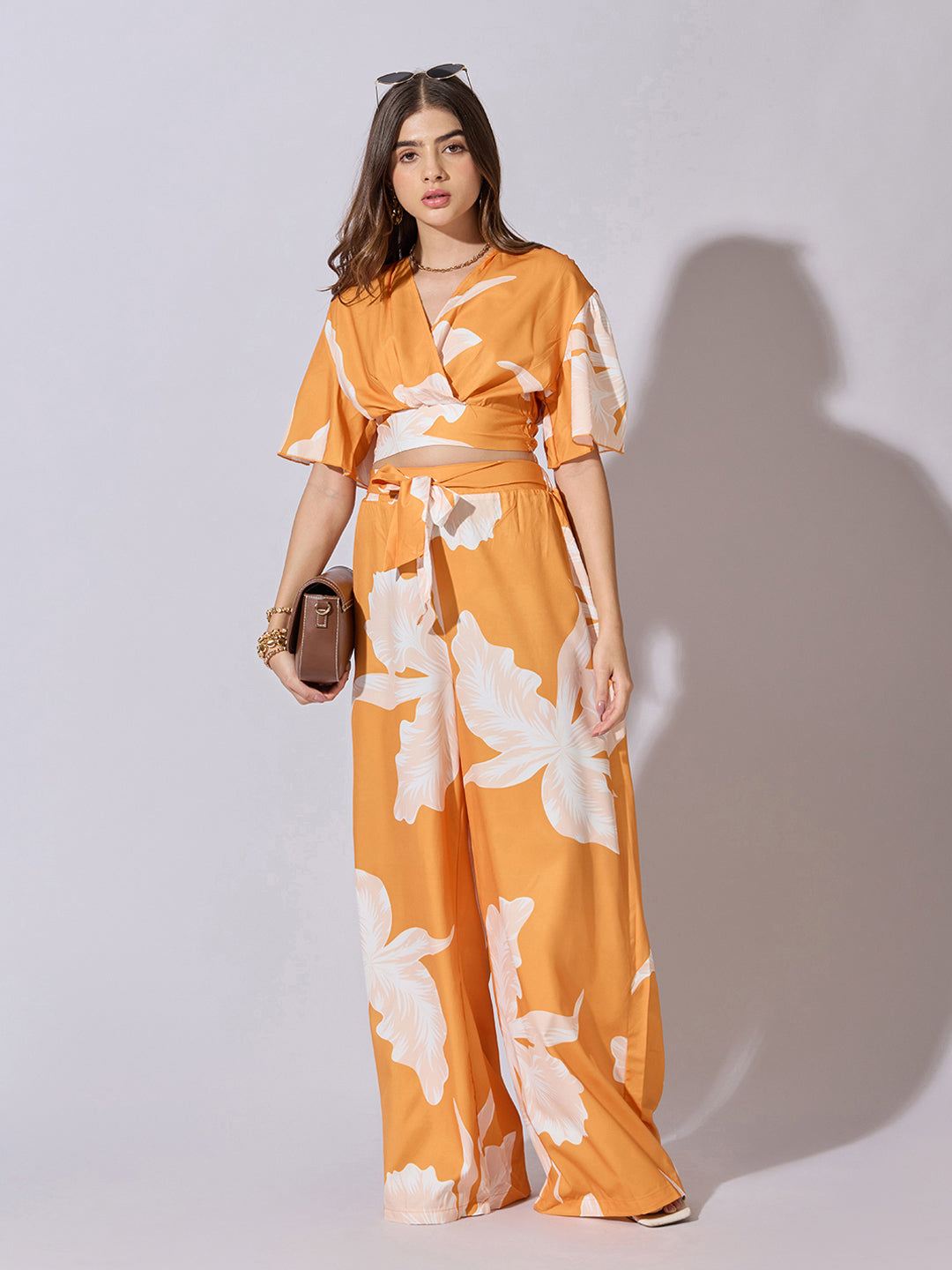 Women's Printed Orange Wrap Top with Wide Leg Pants Co-Ord Set