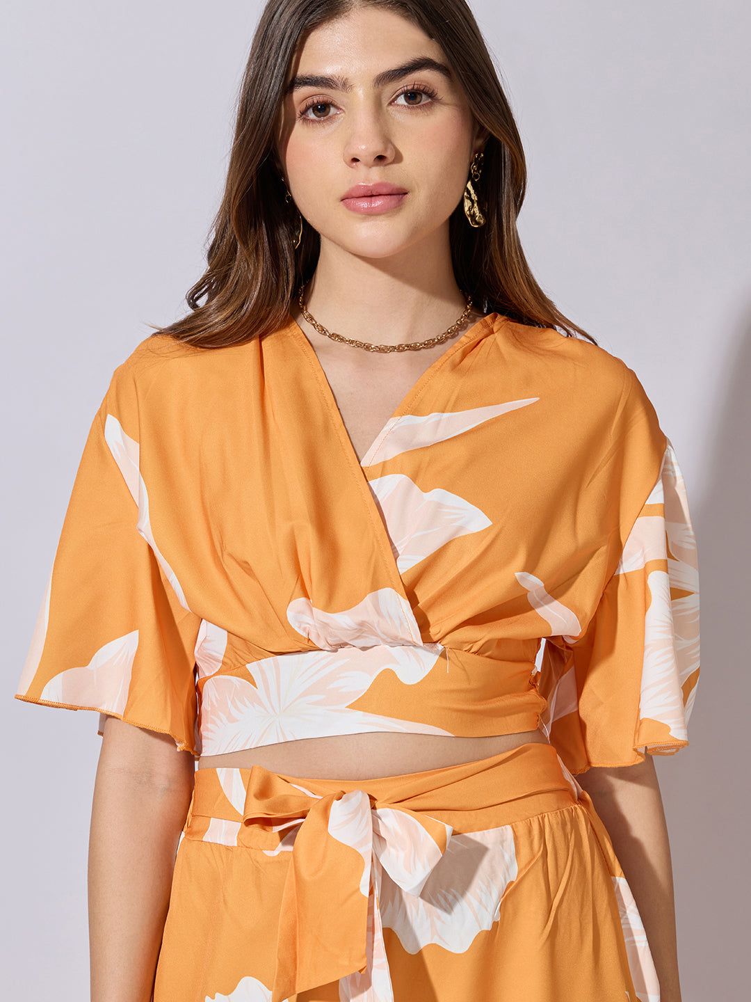 Women's Printed Orange Wrap Top with Wide Leg Pants Co-Ord Set