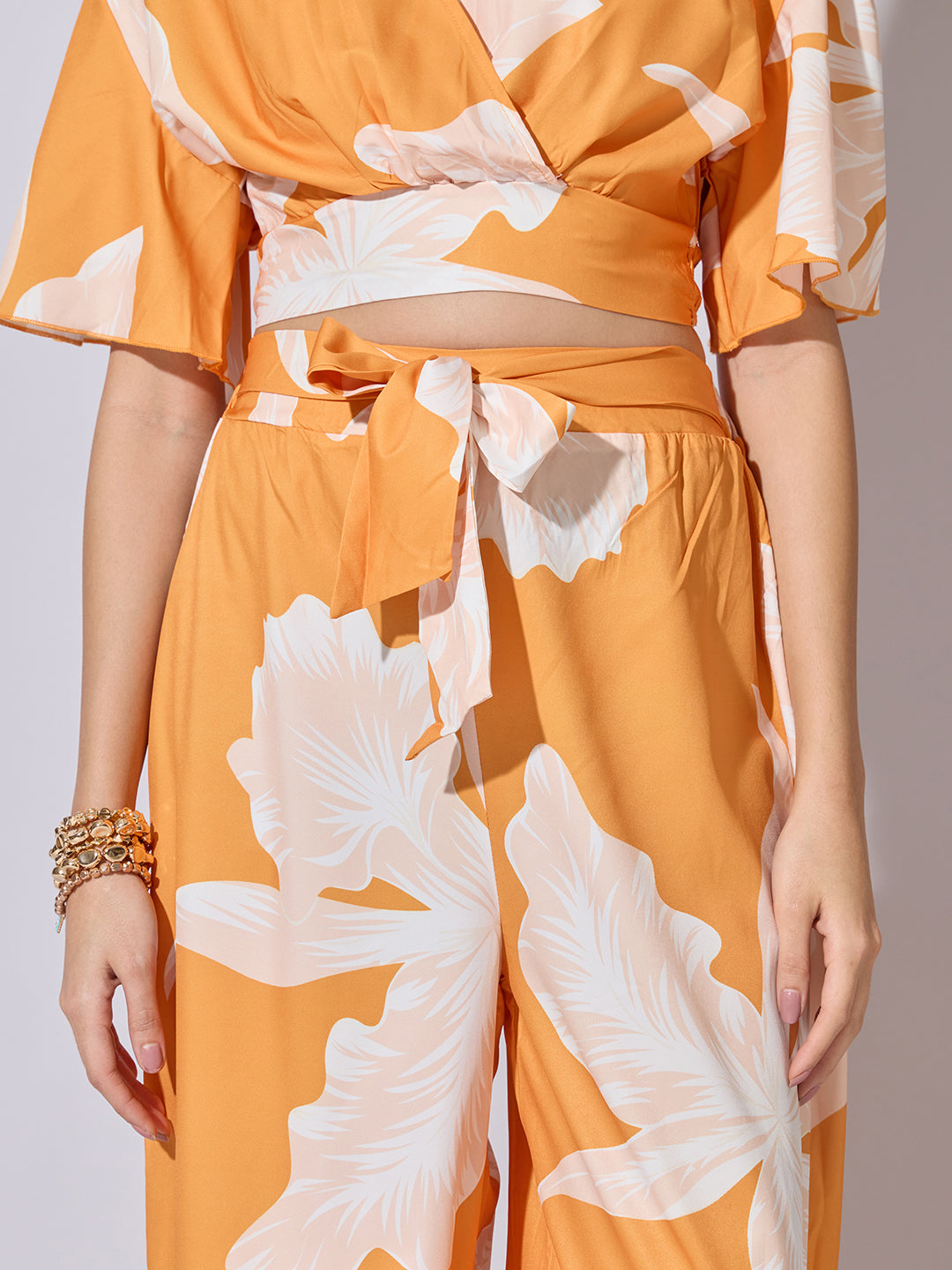 Women's Printed Orange Wrap Top with Wide Leg Pants Co-Ord Set