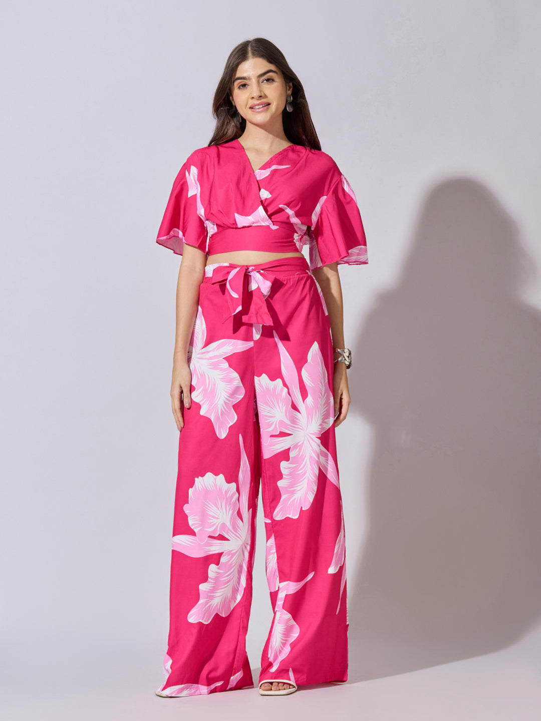 Women's Printed Pink Wrap Top with Wide Leg Pants Co-Ord Set