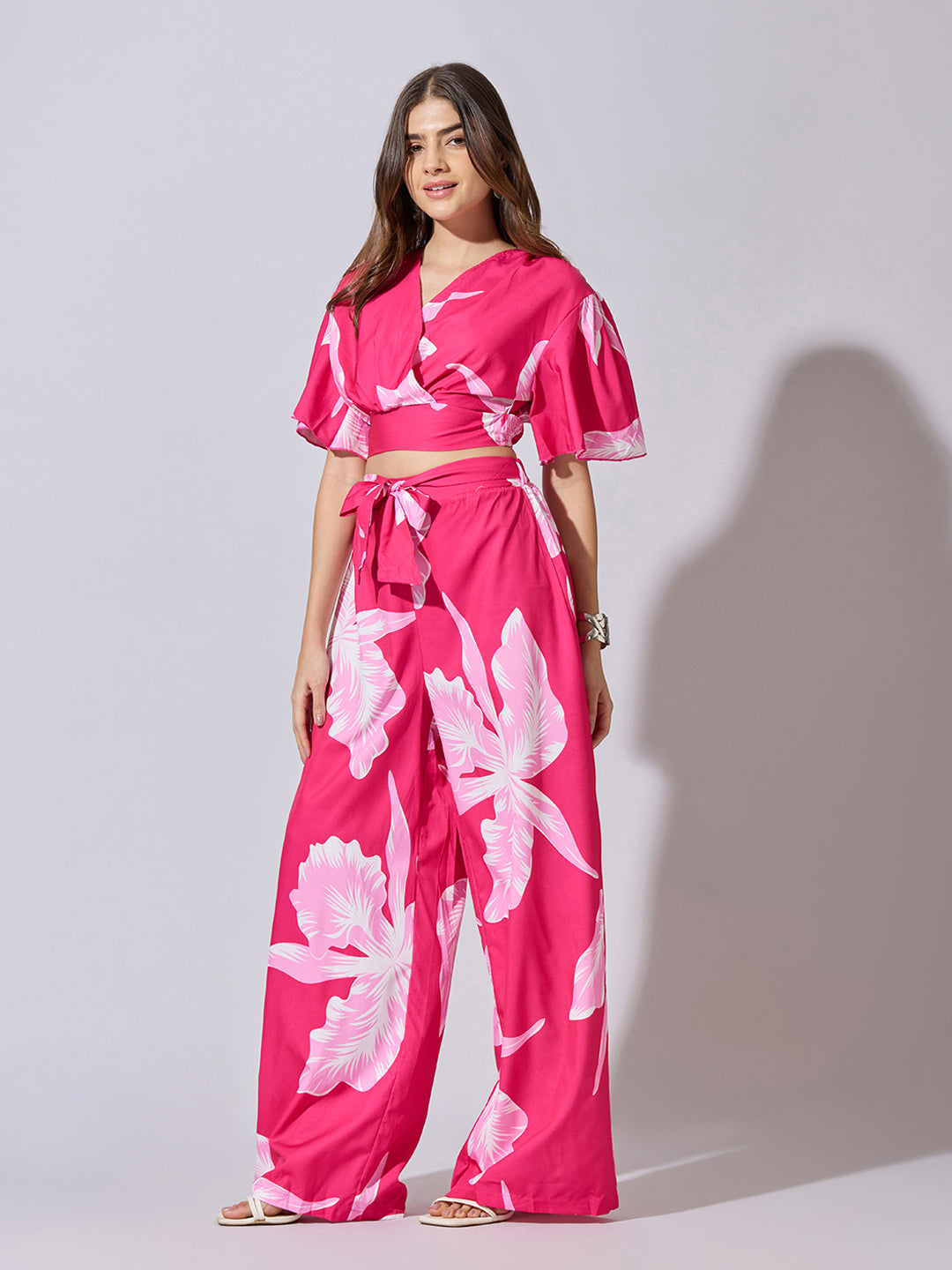 Women's Printed Pink Wrap Top with Wide Leg Pants Co-Ord Set