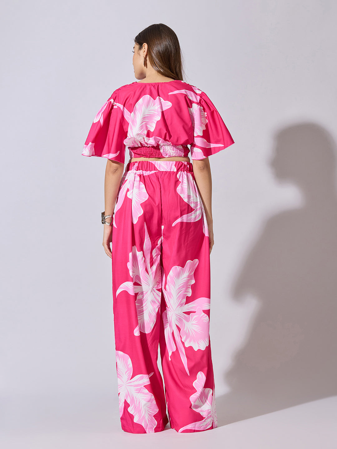 Women's Printed Pink Wrap Top with Wide Leg Pants Co-Ord Set