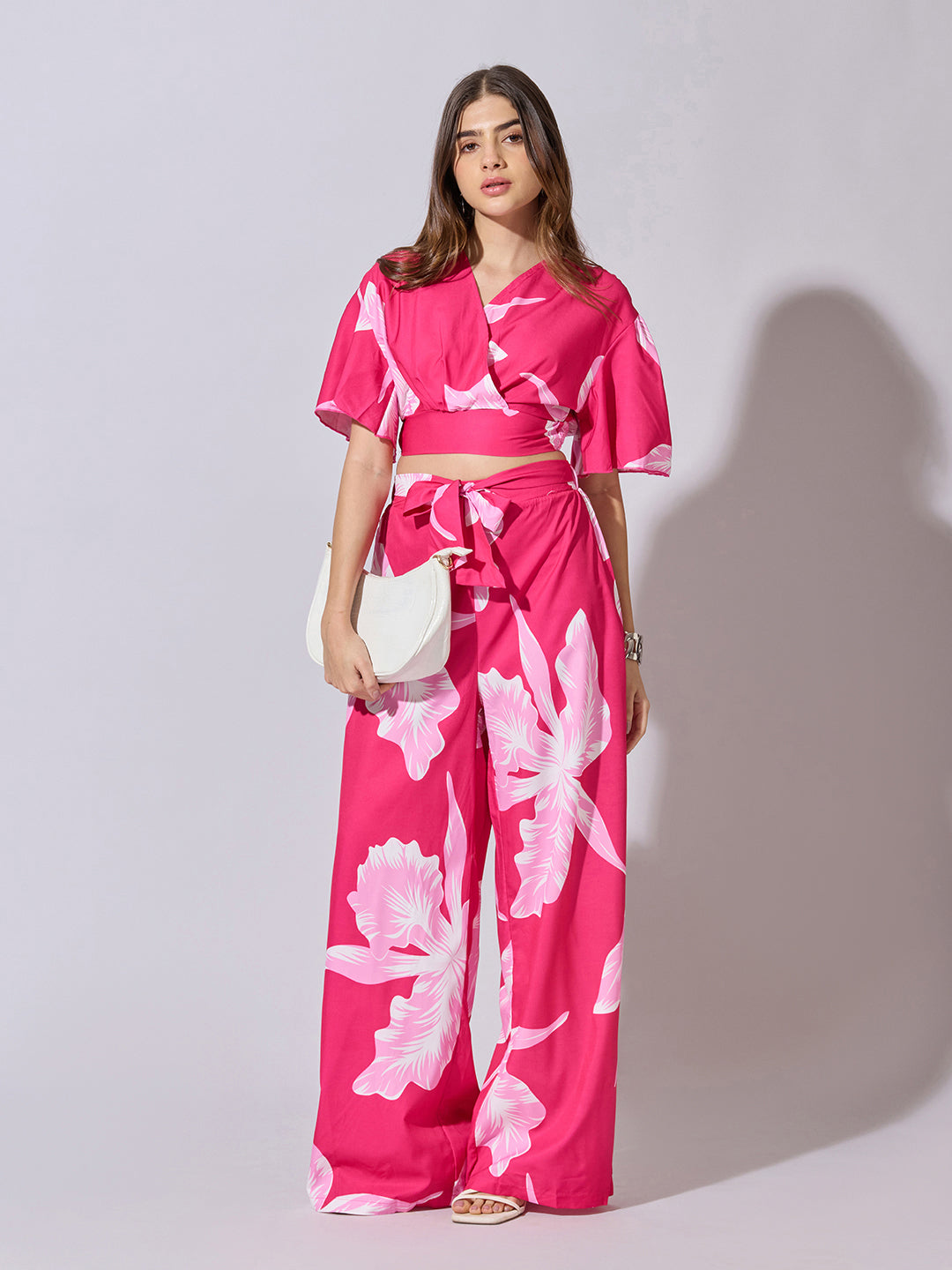 Women's Printed Pink Wrap Top with Wide Leg Pants Co-Ord Set