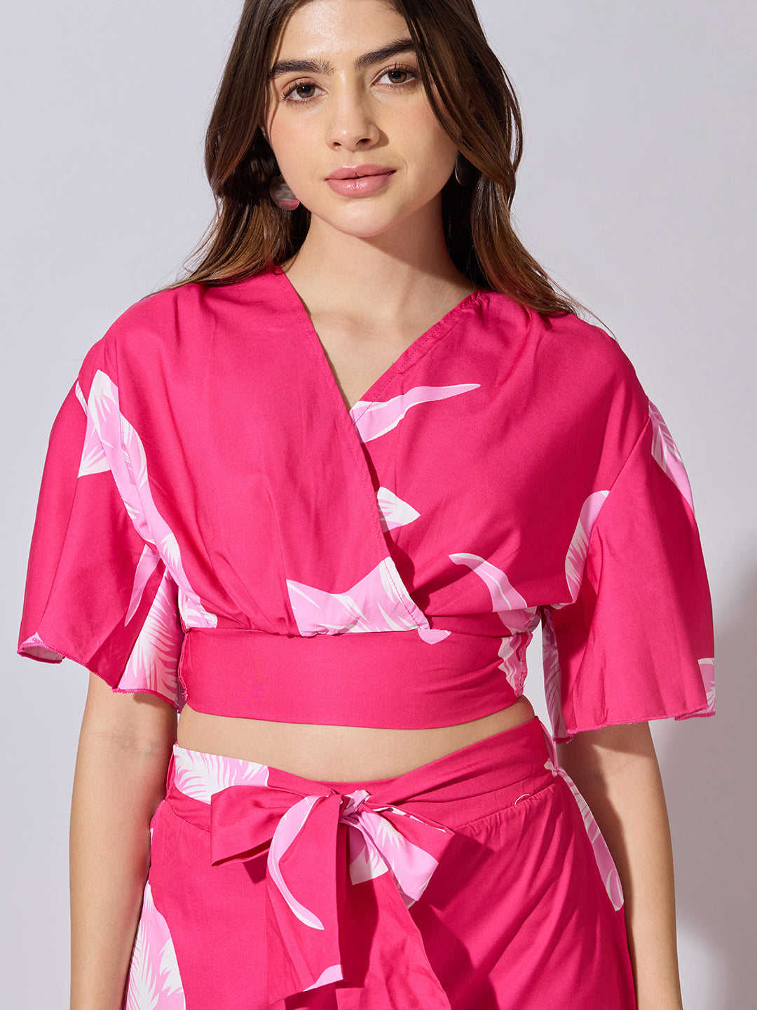 Women's Printed Pink Wrap Top with Wide Leg Pants Co-Ord Set