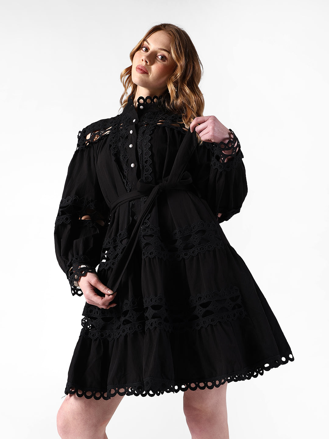 Women's Cutwork Lace Black Midi Dress with Tie-Up Waist