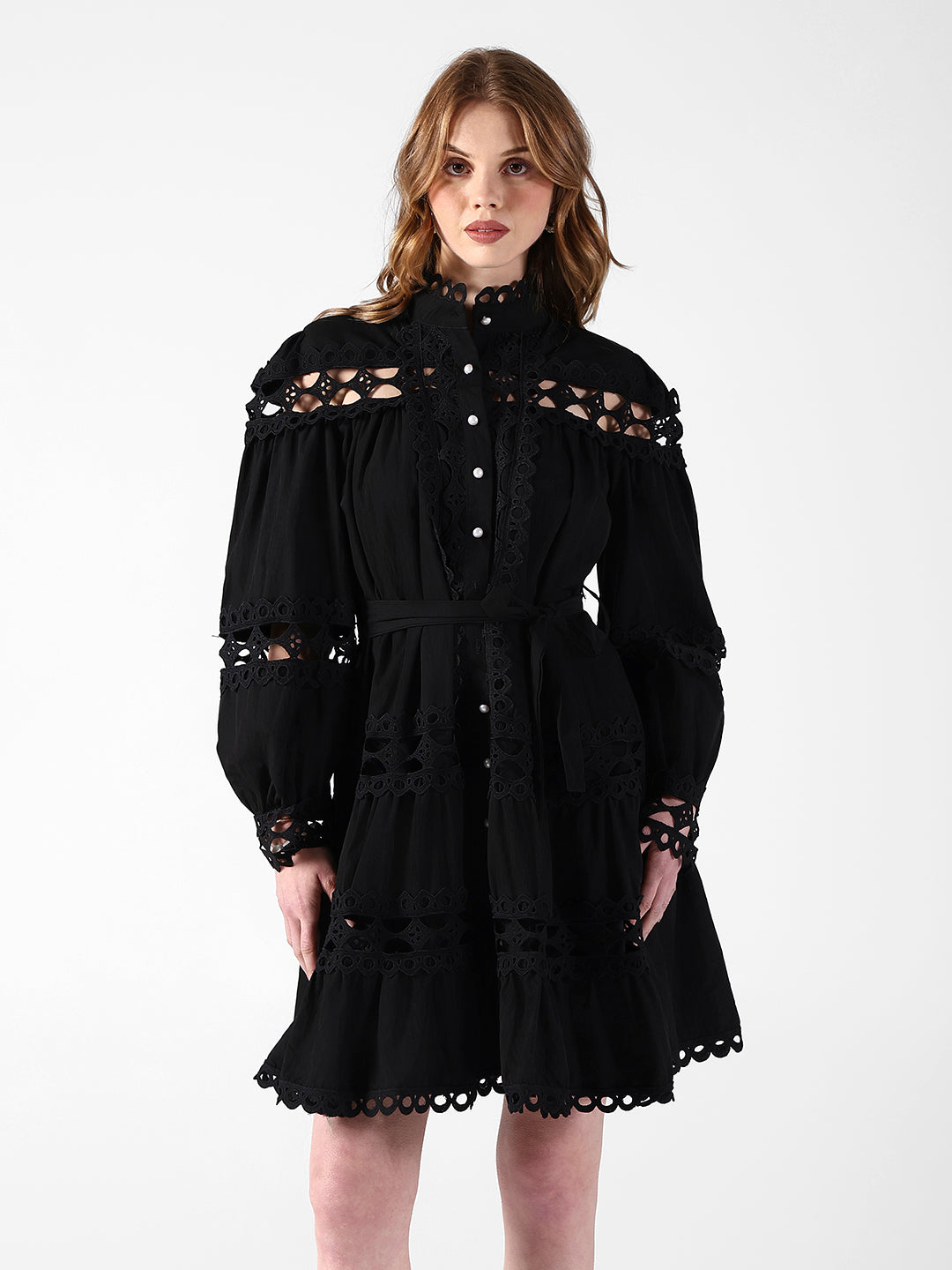 Women's Cutwork Lace Black Midi Dress with Tie-Up Waist