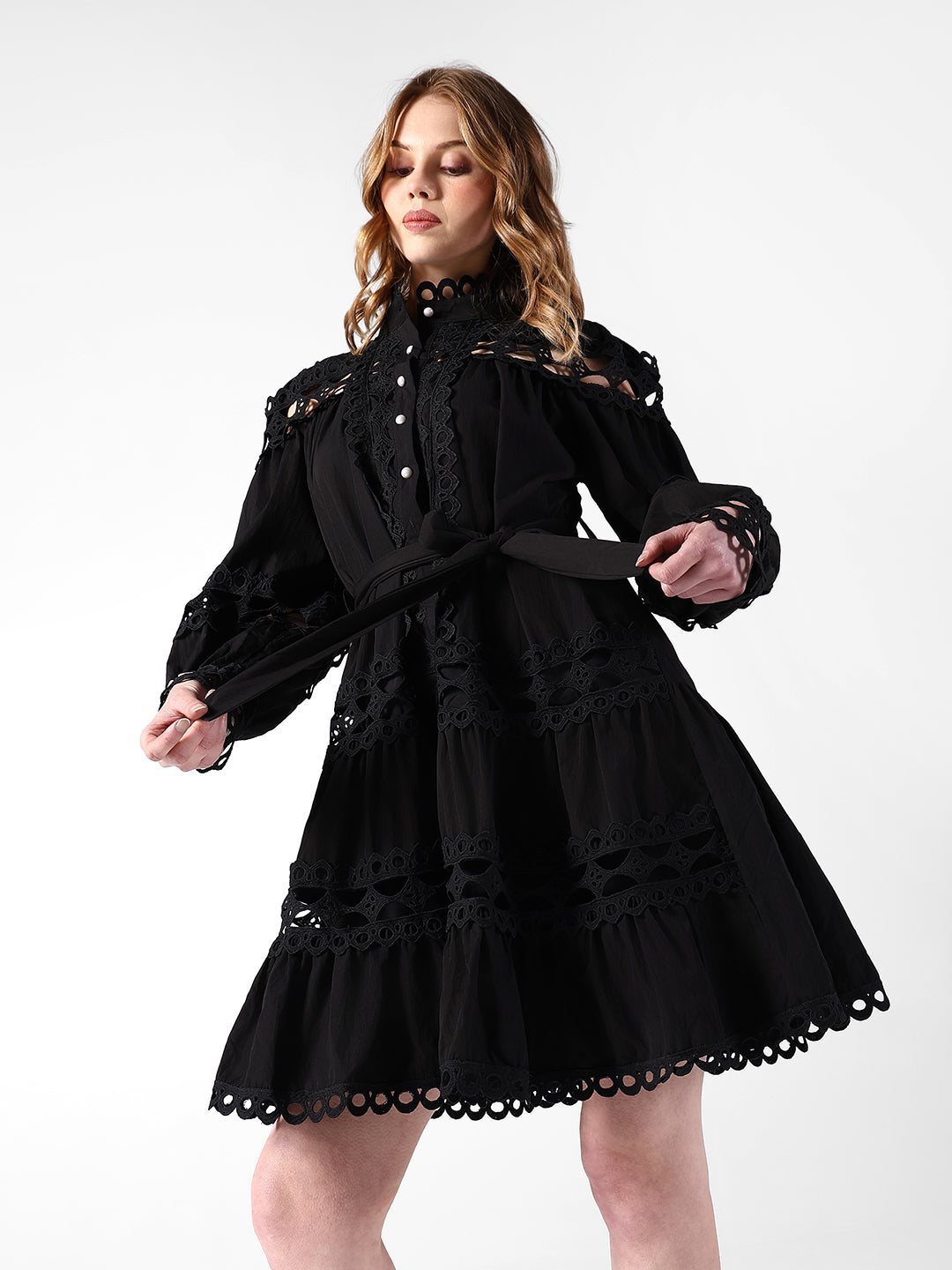 Women's Cutwork Lace Black Midi Dress with Tie-Up Waist