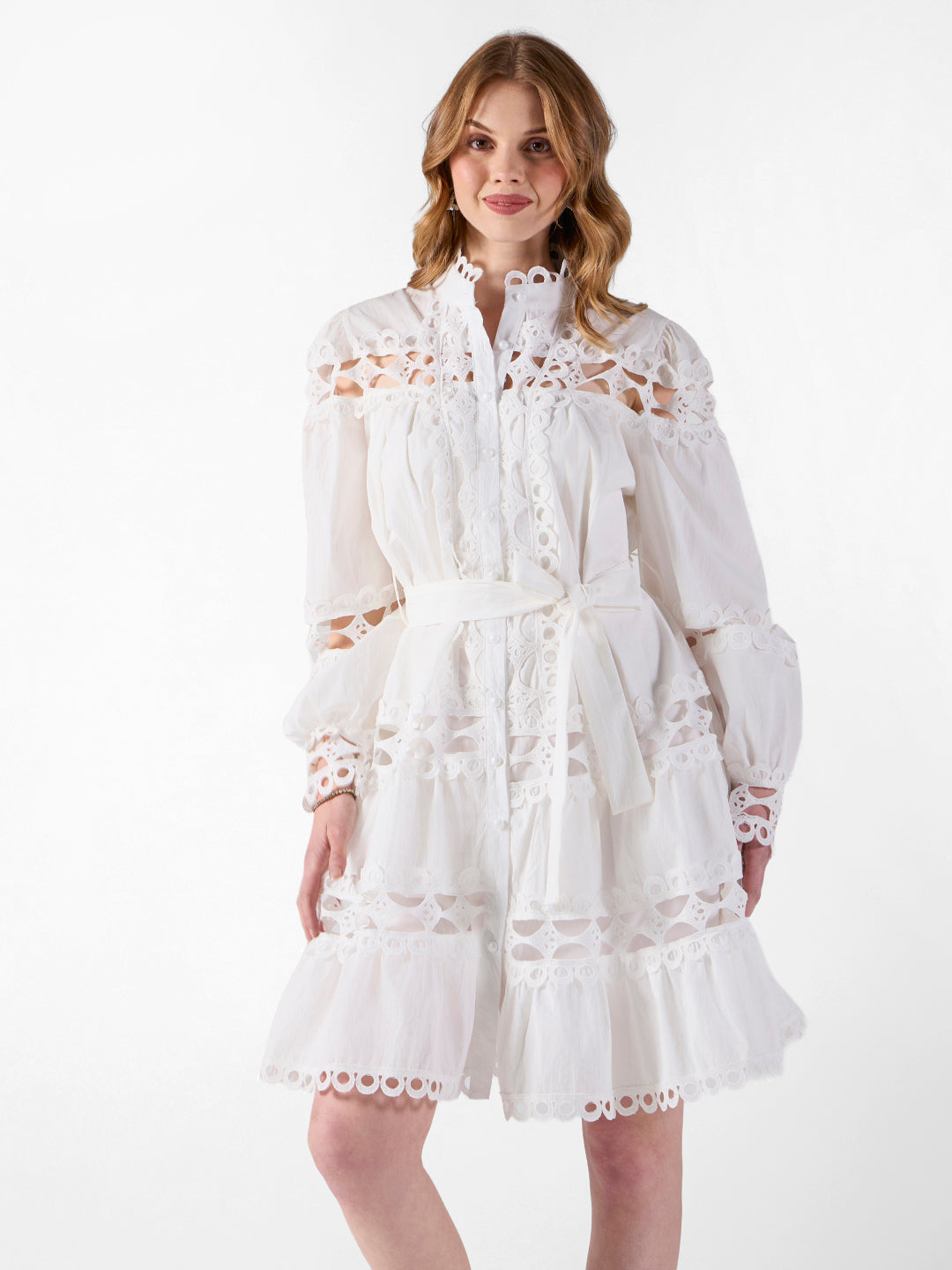 Women's Cutwork Lace White Midi Dress with Tie-Up Waist