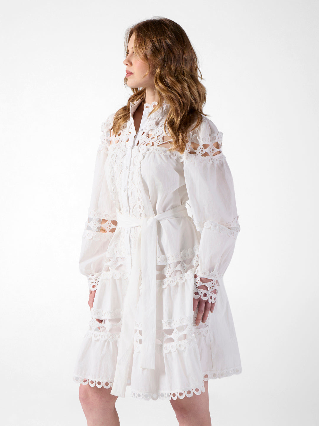 Women's Cutwork Lace White Midi Dress with Tie-Up Waist