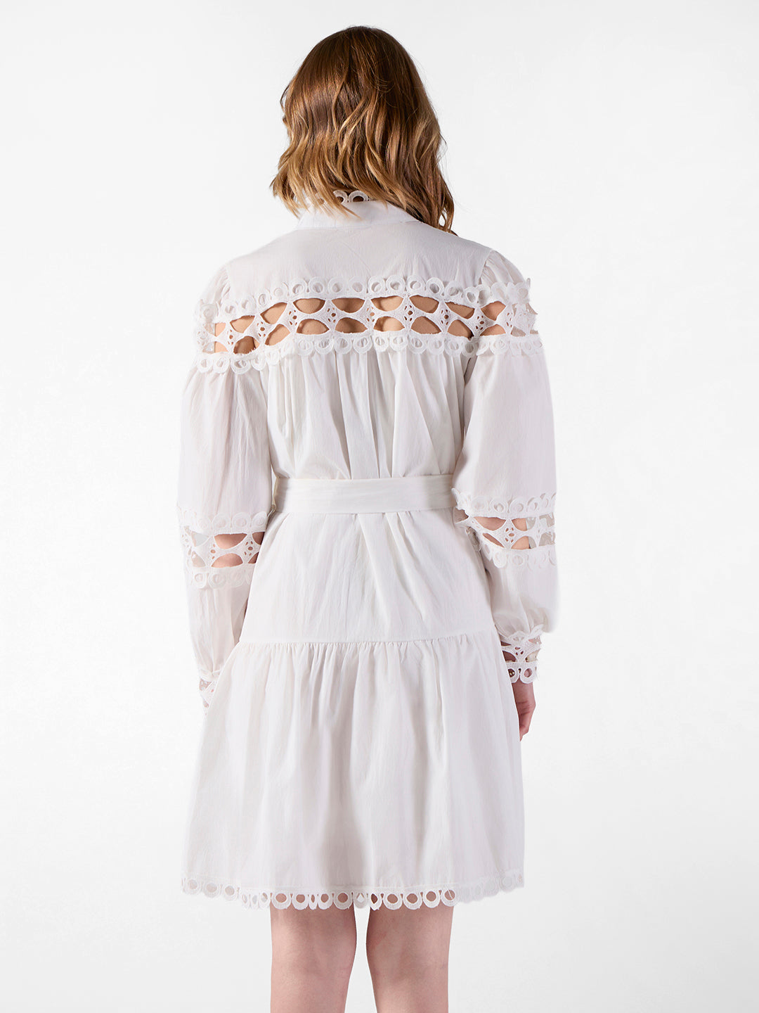 Women's Cutwork Lace White Midi Dress with Tie-Up Waist