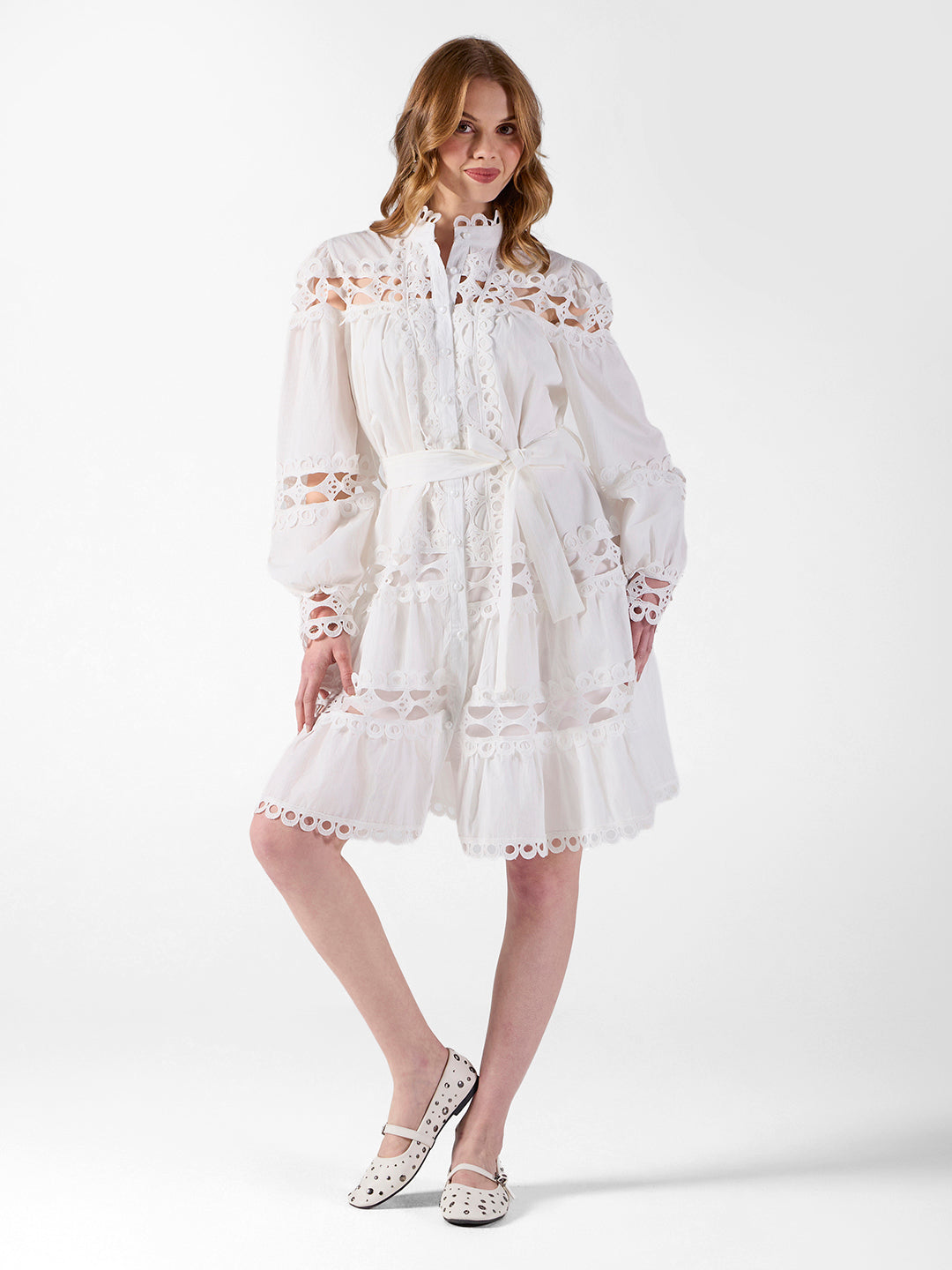 Women's Cutwork Lace White Midi Dress with Tie-Up Waist