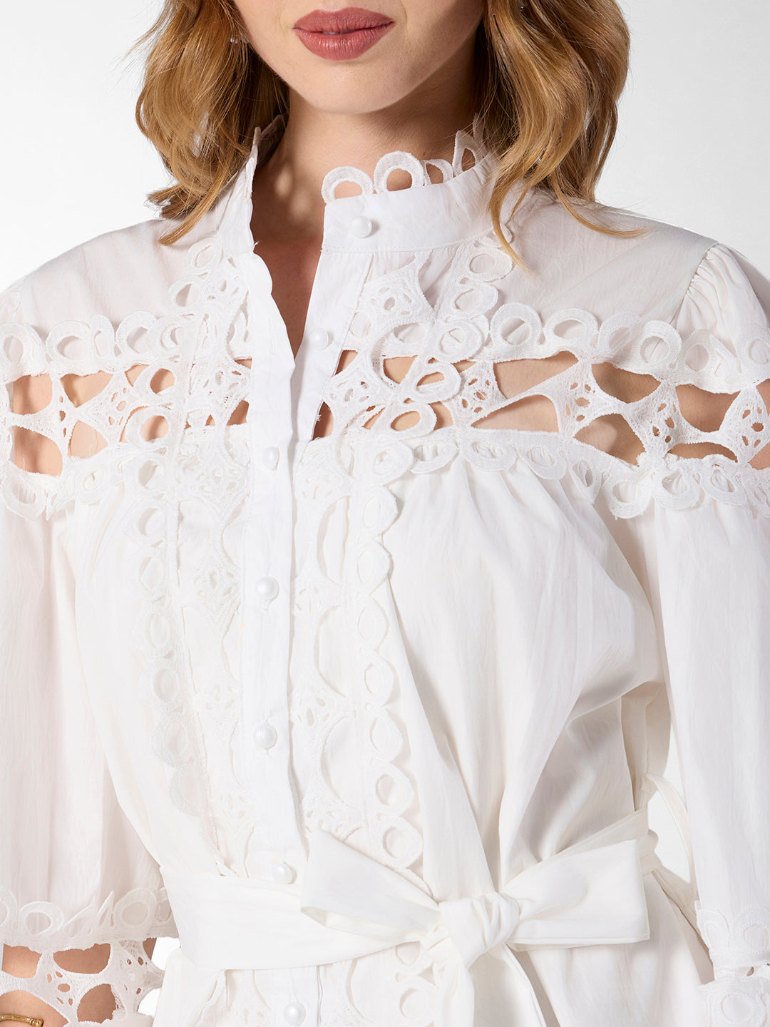 Women's Cutwork Lace White Midi Dress with Tie-Up Waist