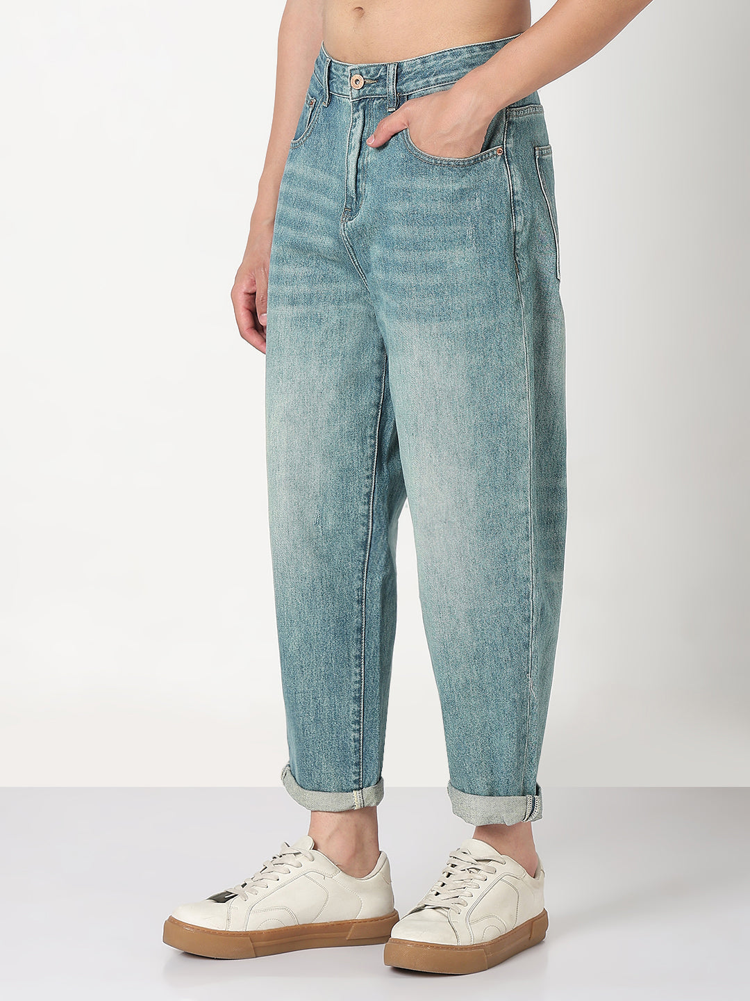 Men's Blue Washed Barrel Fit Heavy Fade Jeans