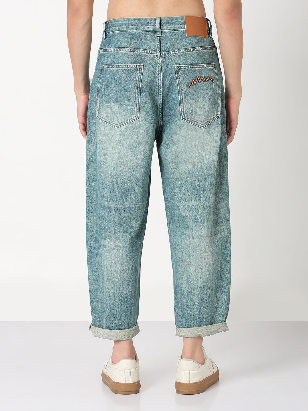 Men's Blue Washed Barrel Fit Heavy Fade Jeans