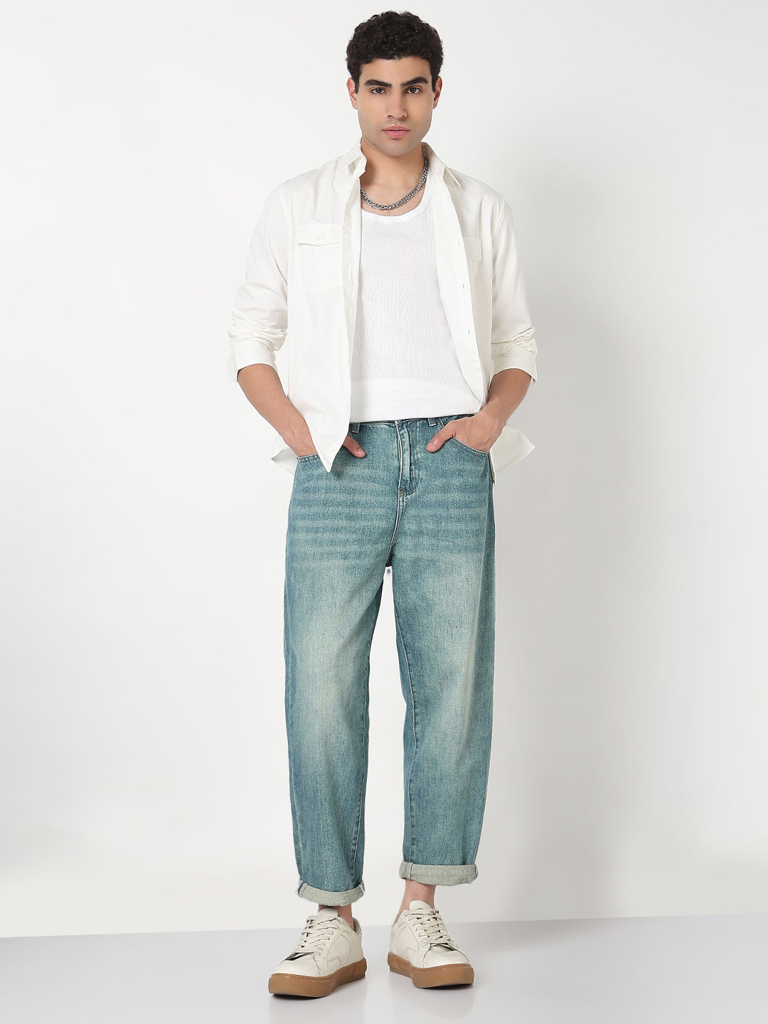 Men's Blue Washed Barrel Fit Heavy Fade Jeans