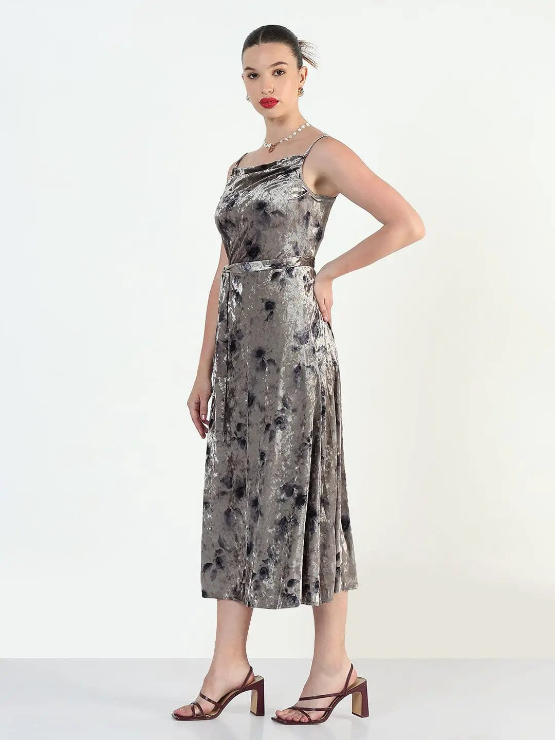 Women's Sleeveless Grey Velvet Midi Cami Dress - from SHOWOFFFF