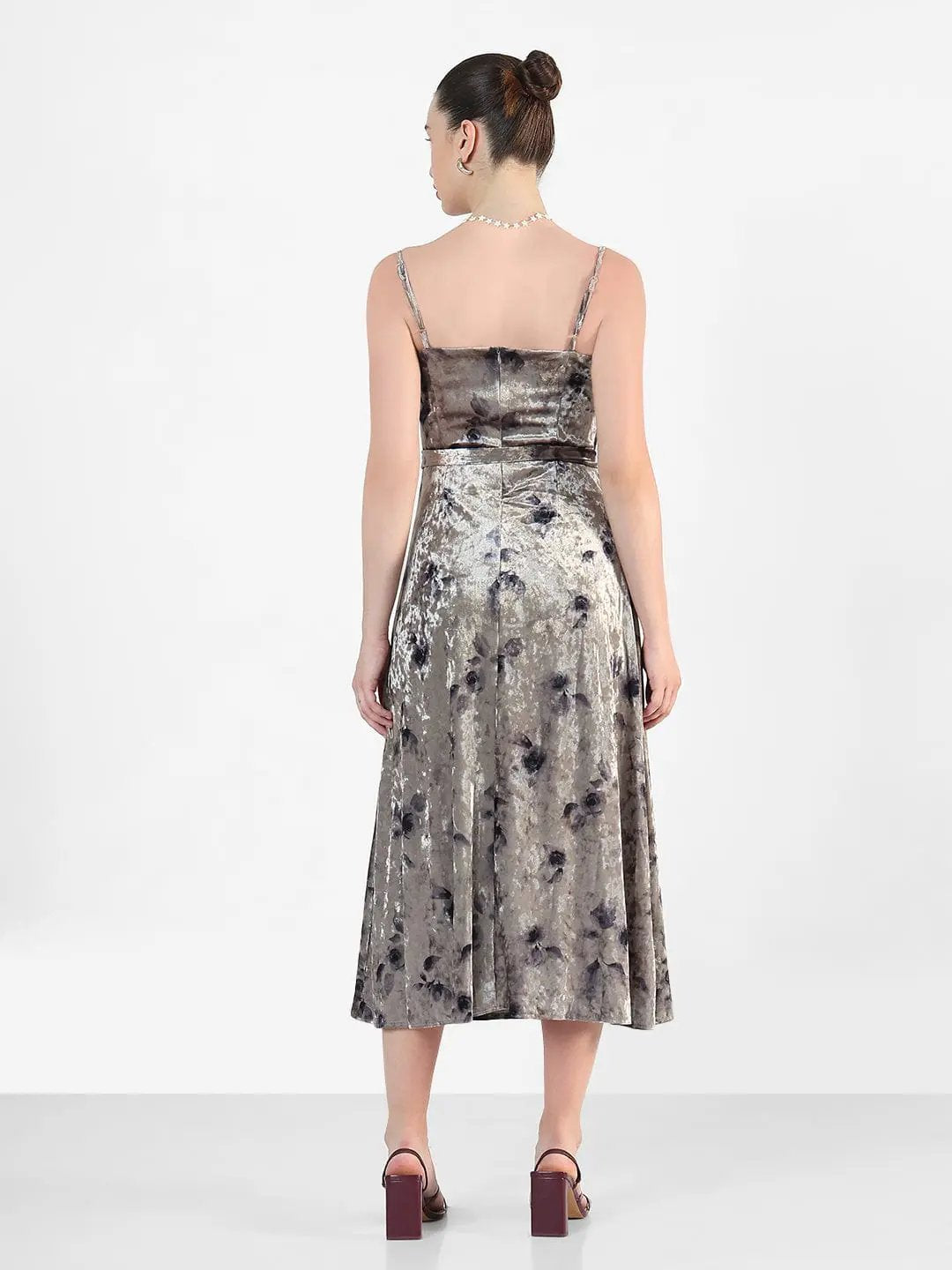 Women's Sleeveless Grey Velvet Midi Cami Dress - from SHOWOFFFF