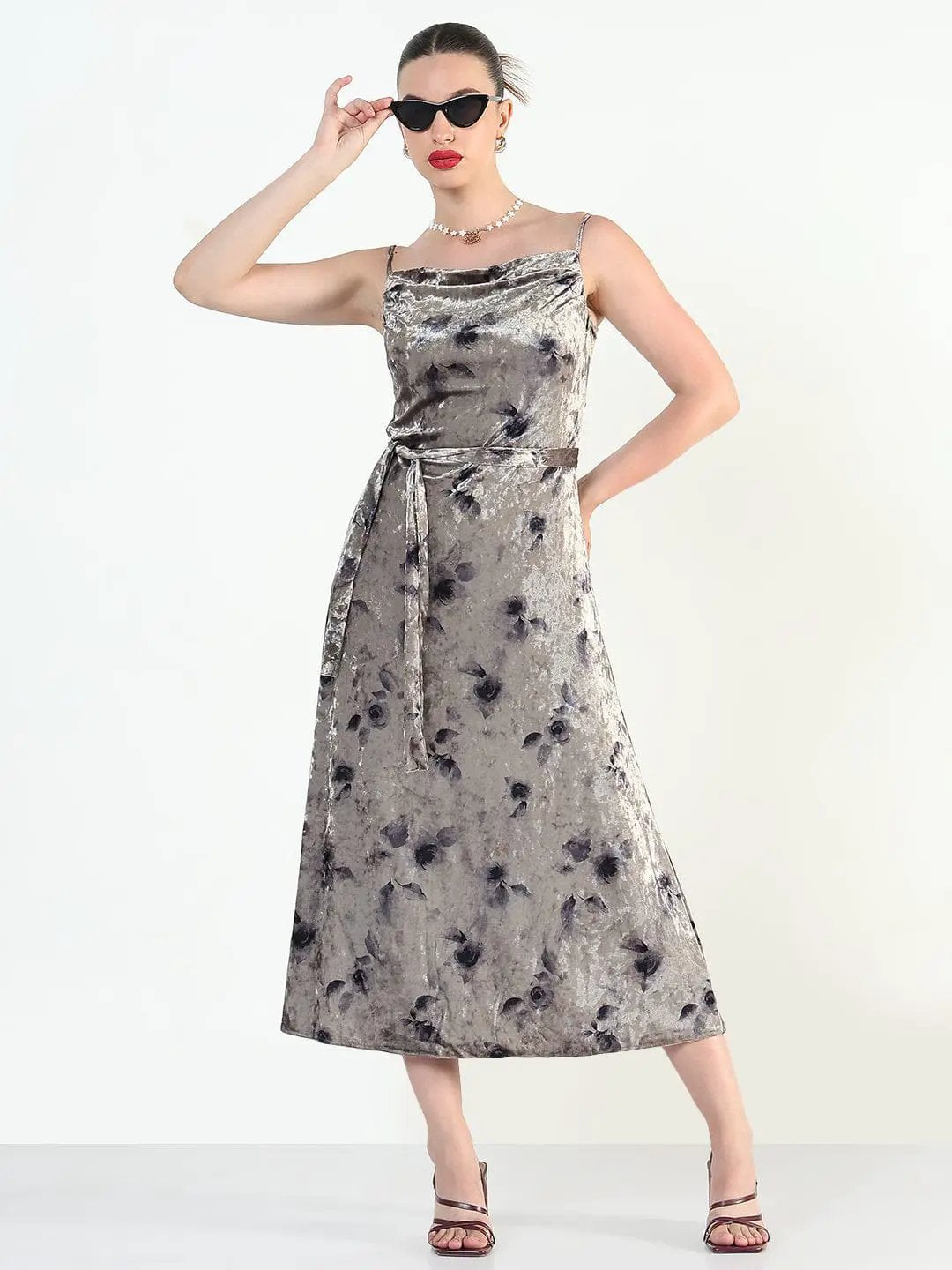 Women's Sleeveless Grey Velvet Midi Cami Dress - from SHOWOFFFF