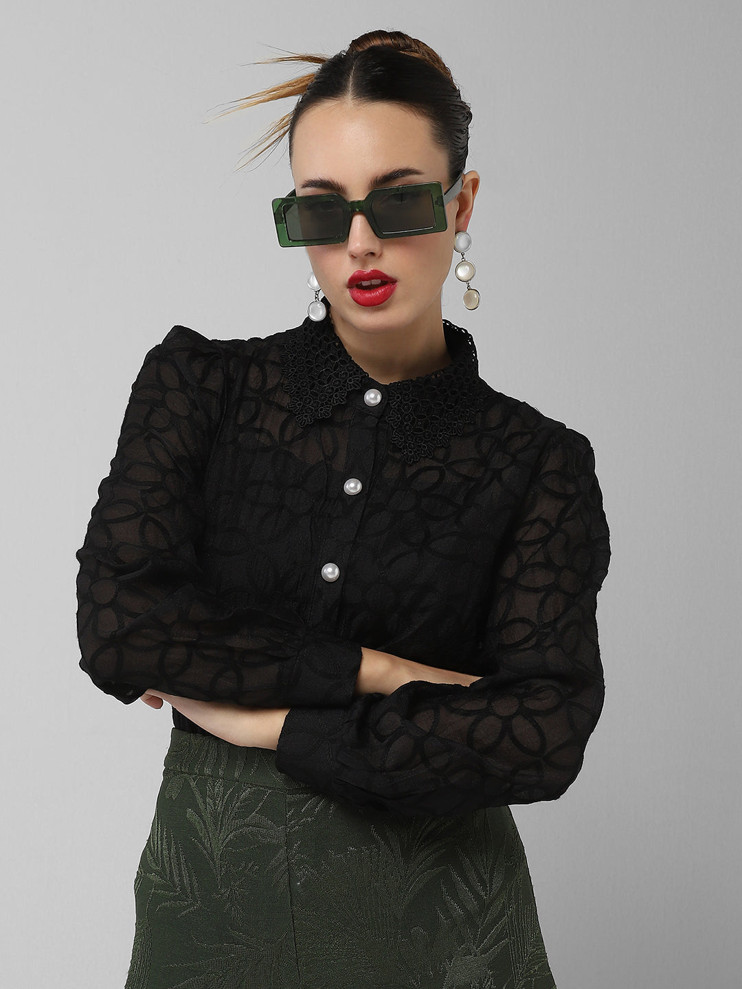 Women Floral Black Shirt with Inner Slip