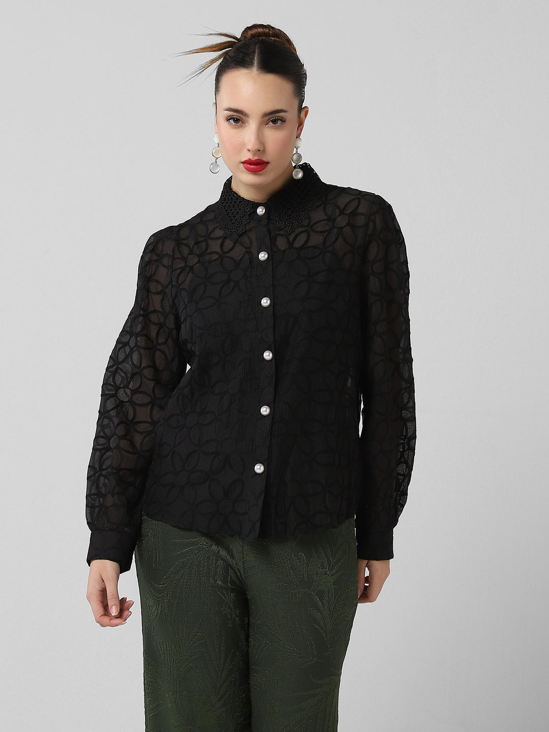 Women Floral Black Shirt with Inner Slip