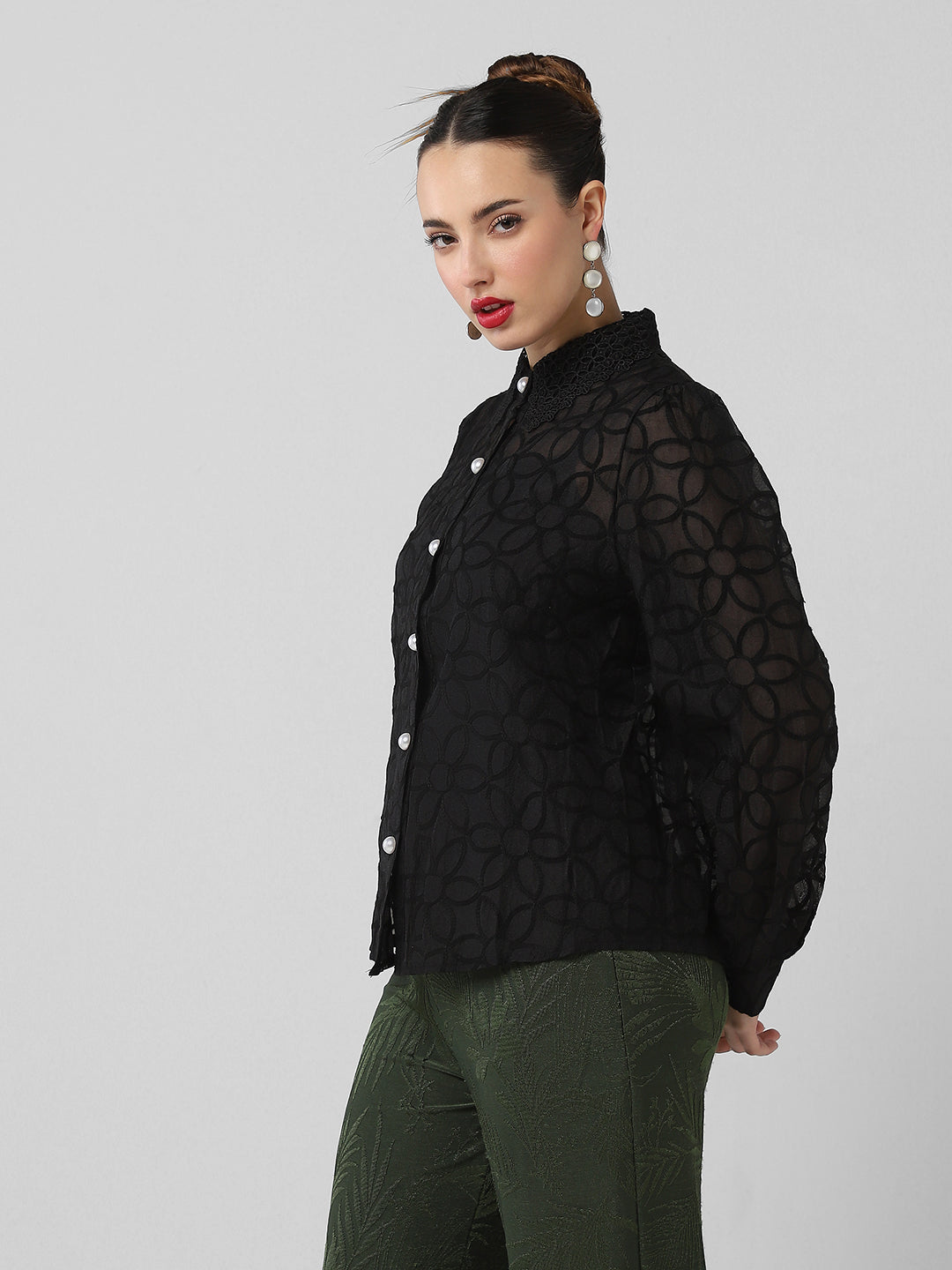 Women Floral Black Shirt with Inner Slip